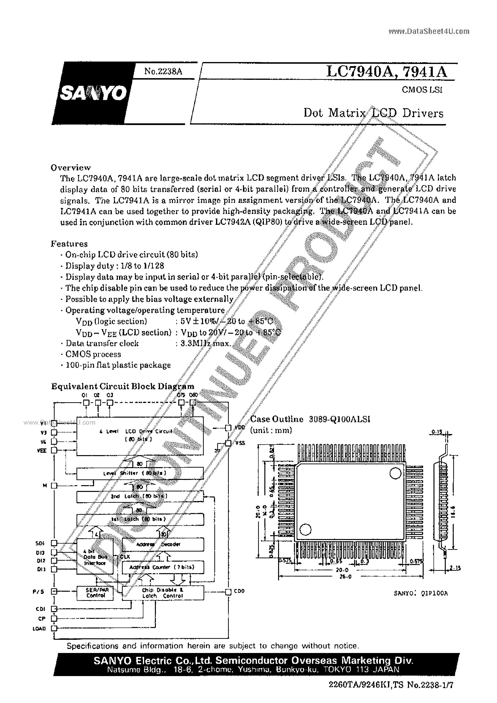 Даташит на микросхему LC7940A страница 1 Даташит LC7940A - (LC7940A / LC7941A) Dot Matrix LCD Drivers страница 1