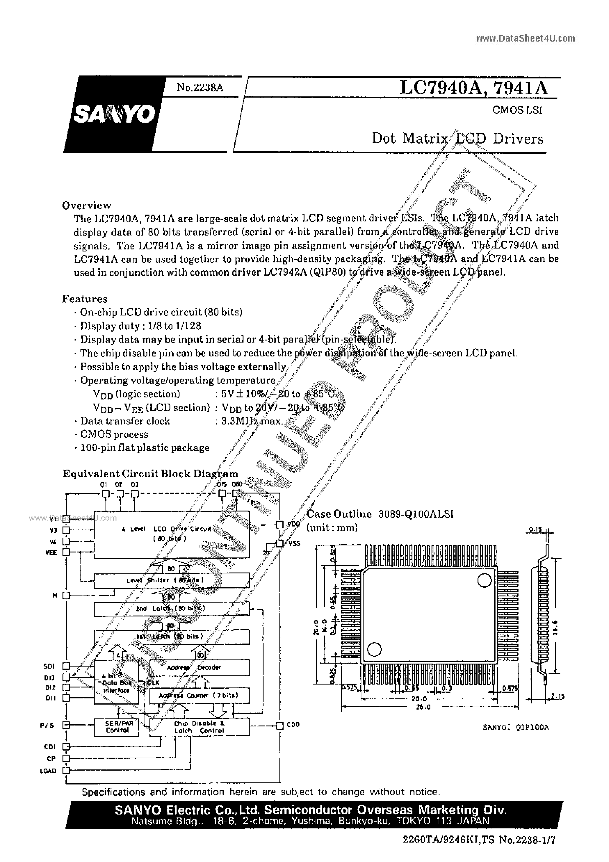 Datasheet LC7940A - (LC7940A / LC7941A) Dot Matrix LCD Drivers page 1