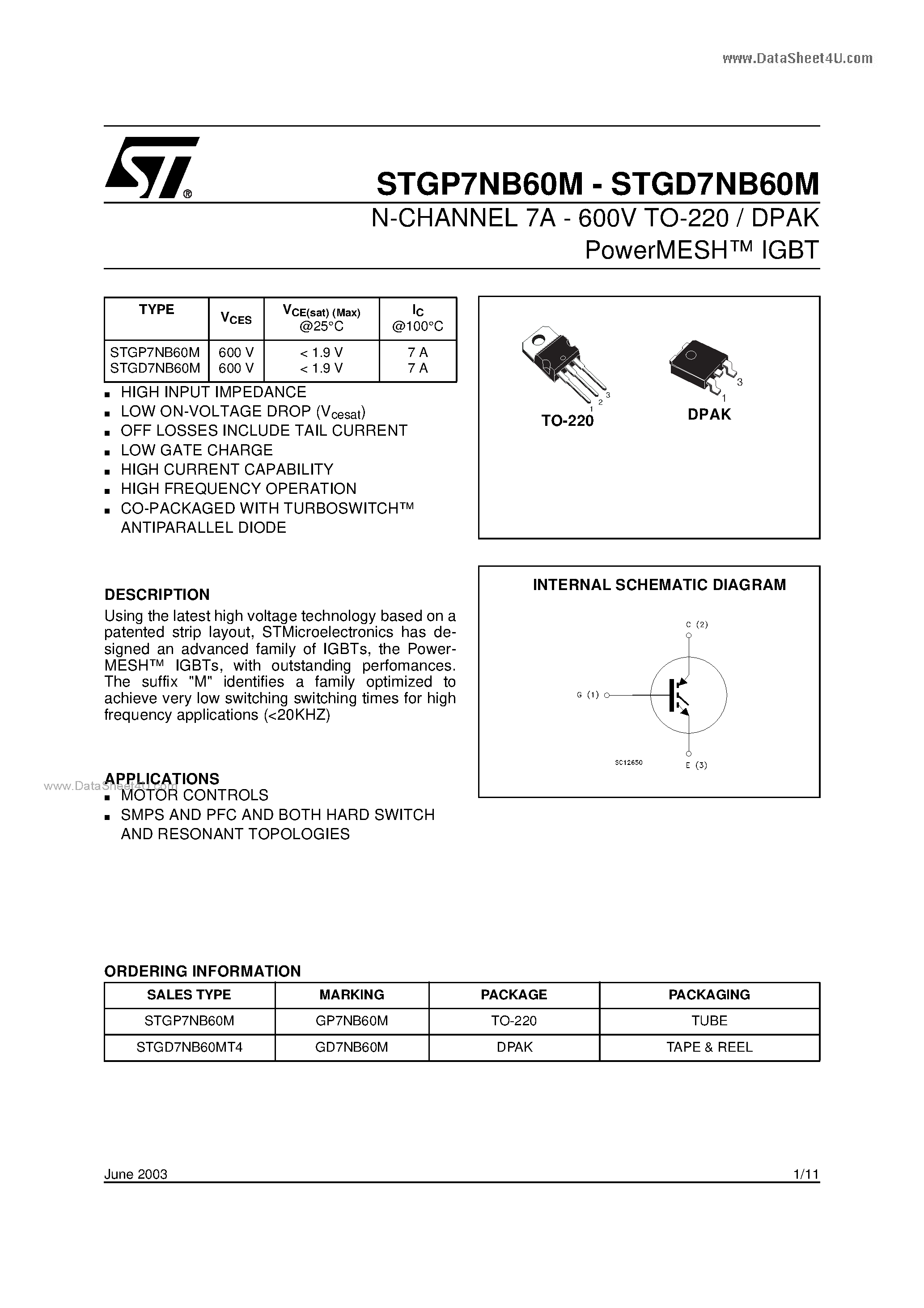 Datasheet STGD7NB60M - N-CHANNEL 7A - 600V TO-220 / DPAK PowerMESH IGBT page 1