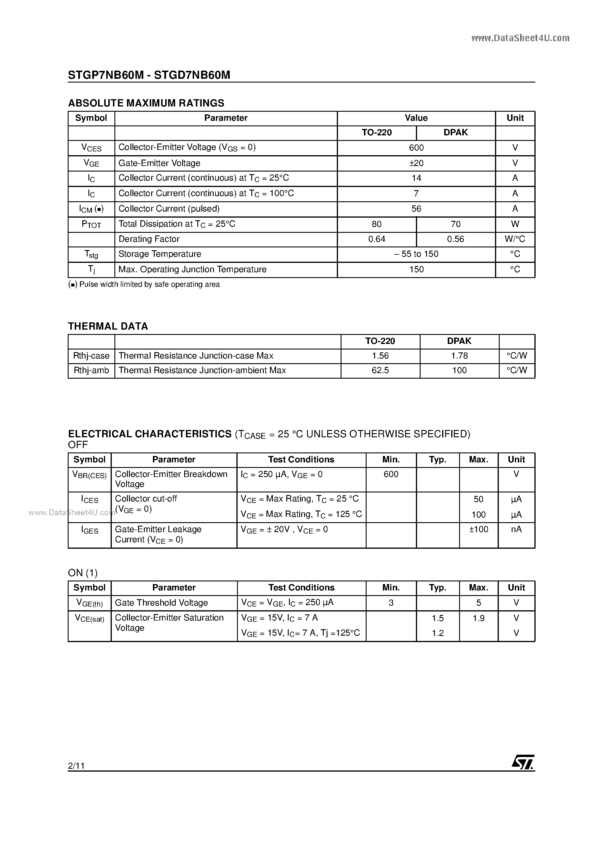 Datasheet STGD7NB60M - N-CHANNEL 7A - 600V TO-220 / DPAK PowerMESH IGBT page 2