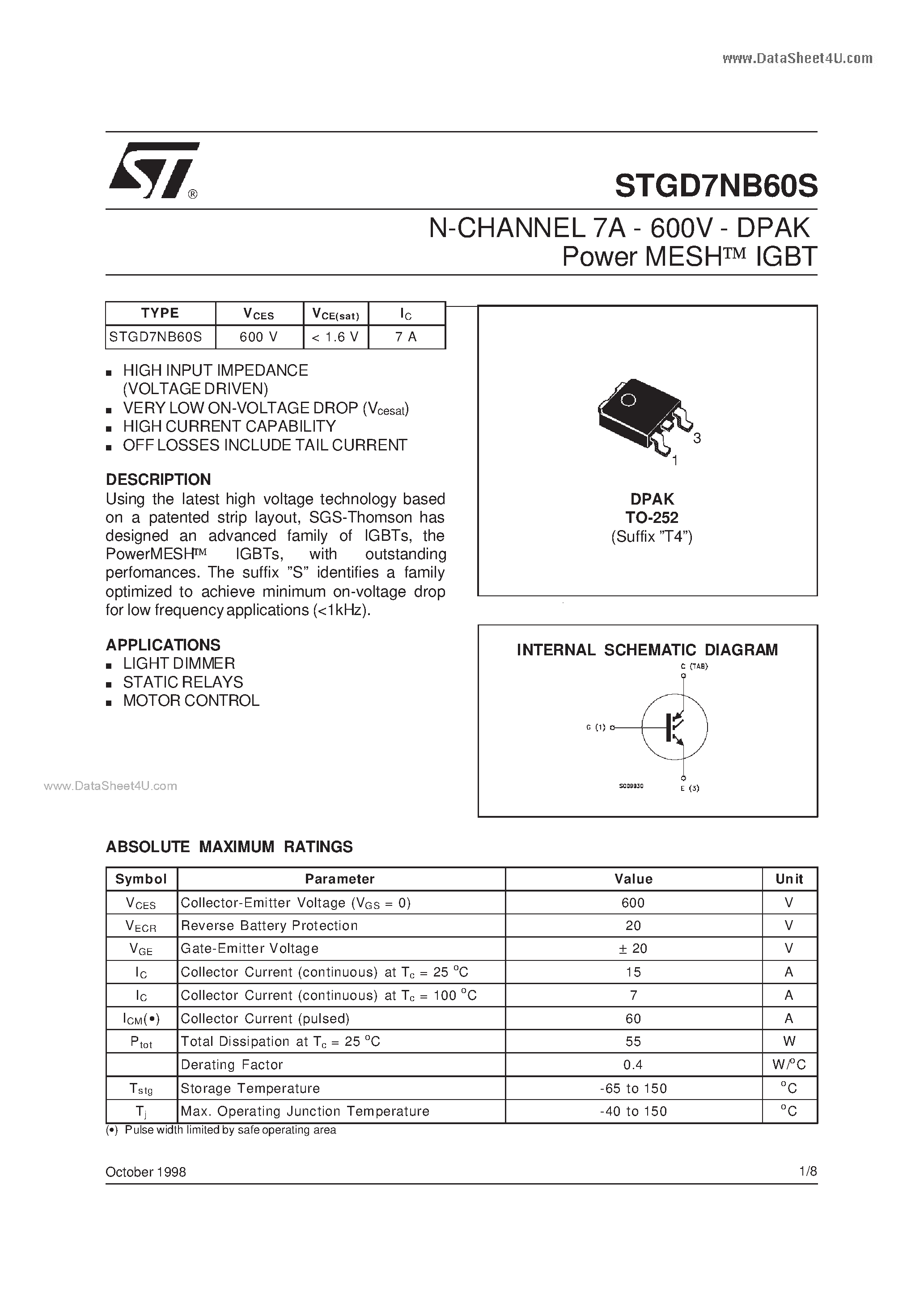 Datasheet STGD7NB60S - N-CHANNEL 7A - 600V - DPAK Power MESH IGBT page 1