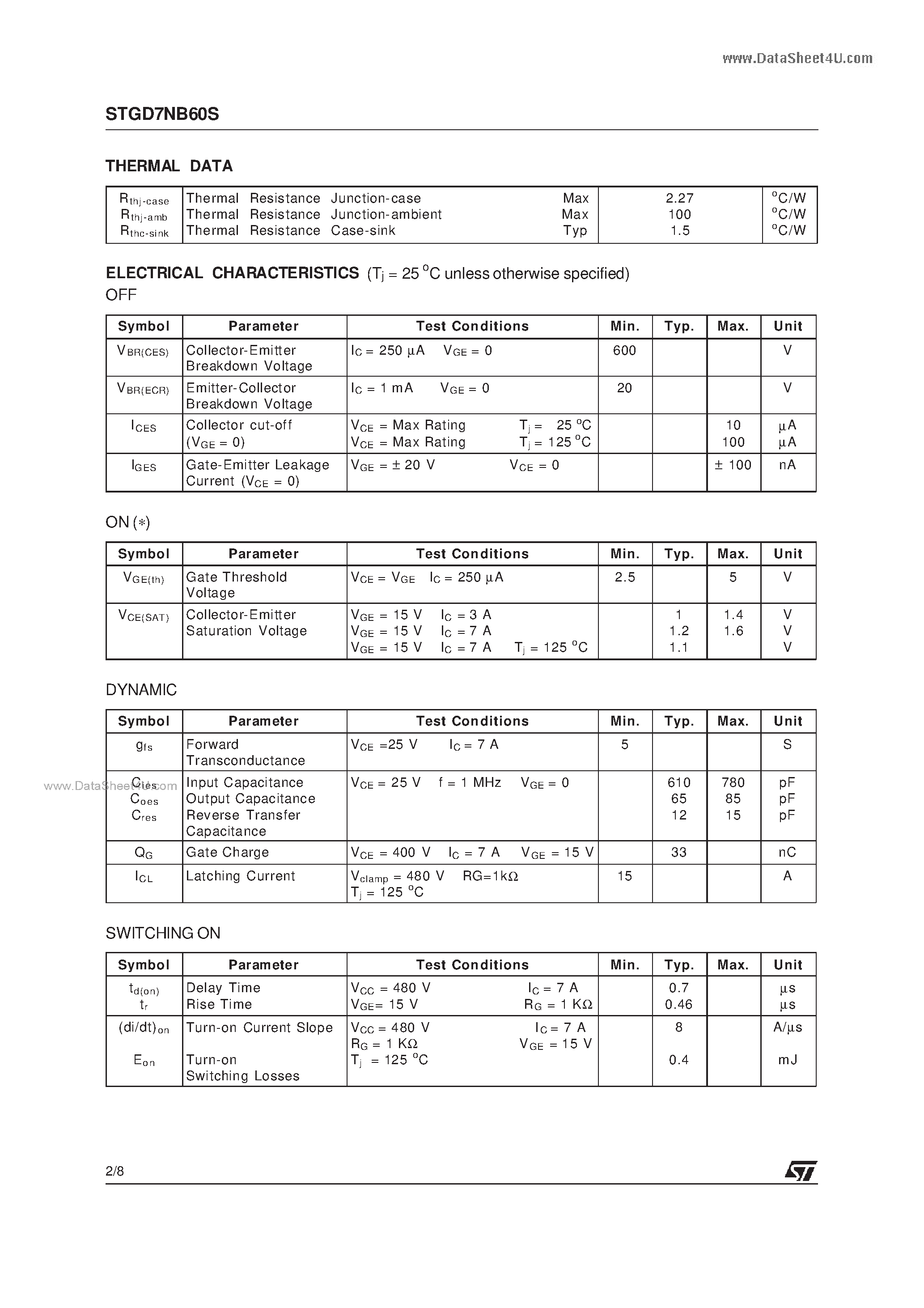 Datasheet STGD7NB60S - N-CHANNEL 7A - 600V - DPAK Power MESH IGBT page 2