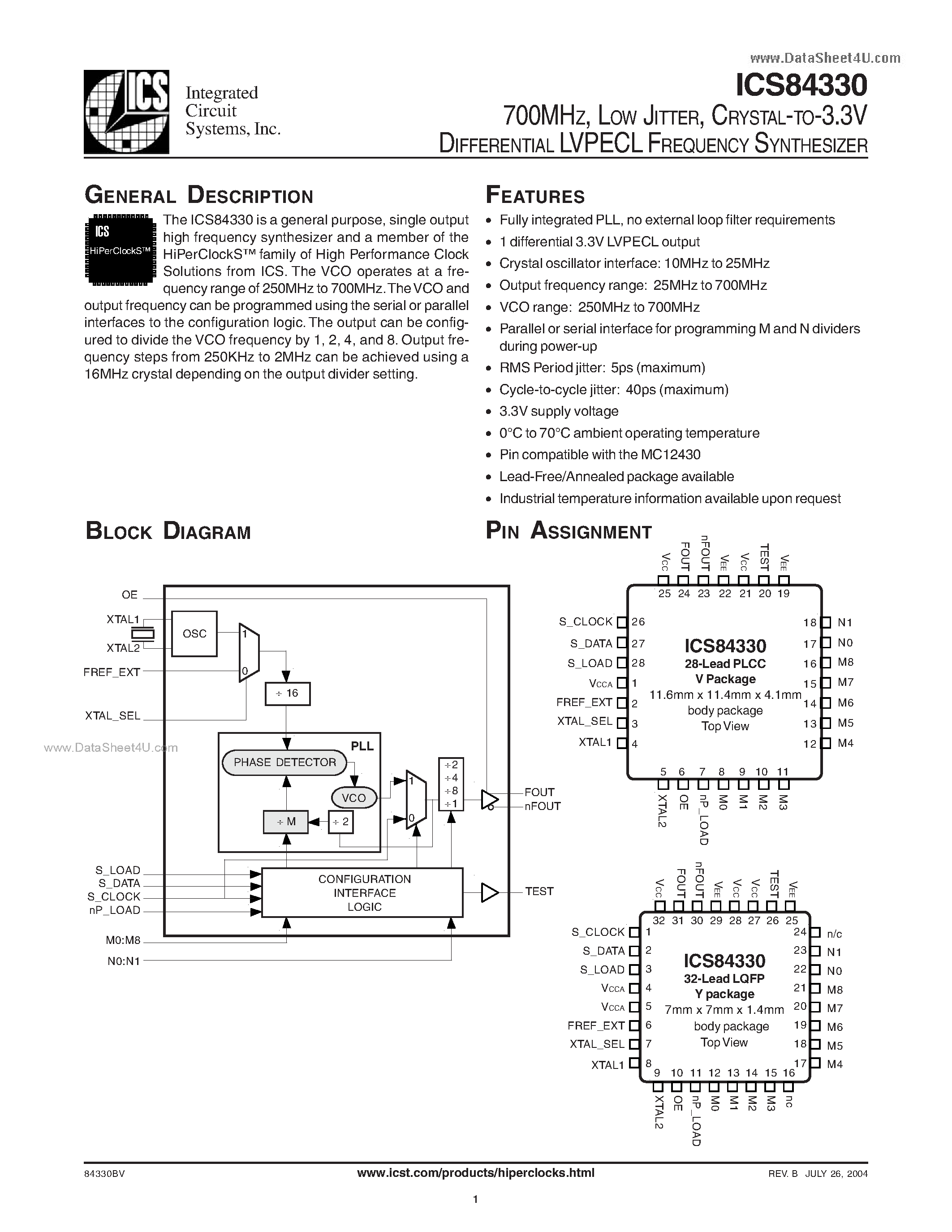 Даташит ICS84330 - CRYSTAL-TO-3.3V DIFFERENTIAL LVPECL FREQUENCY SYNTHESIZER страница 1