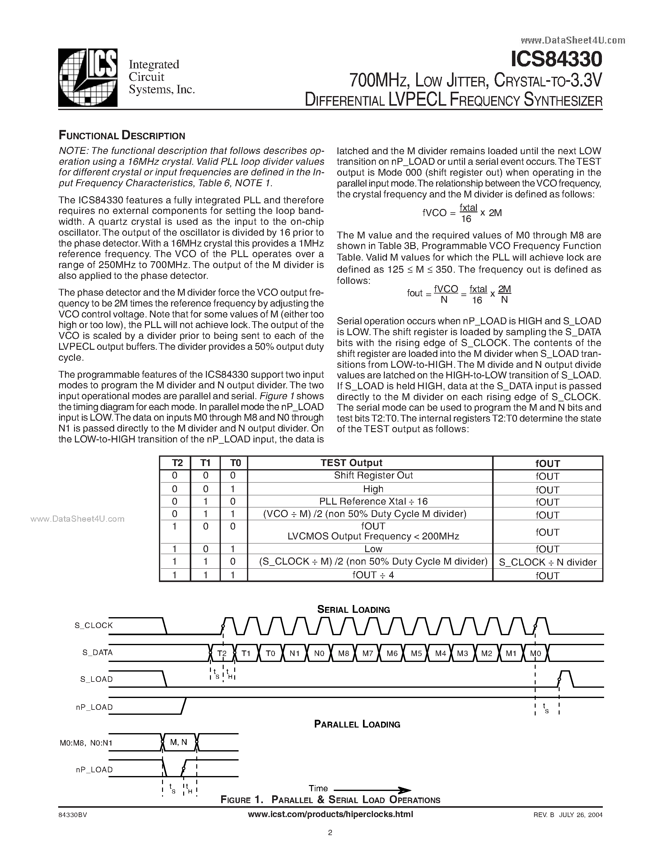 Даташит ICS84330 - CRYSTAL-TO-3.3V DIFFERENTIAL LVPECL FREQUENCY SYNTHESIZER страница 2