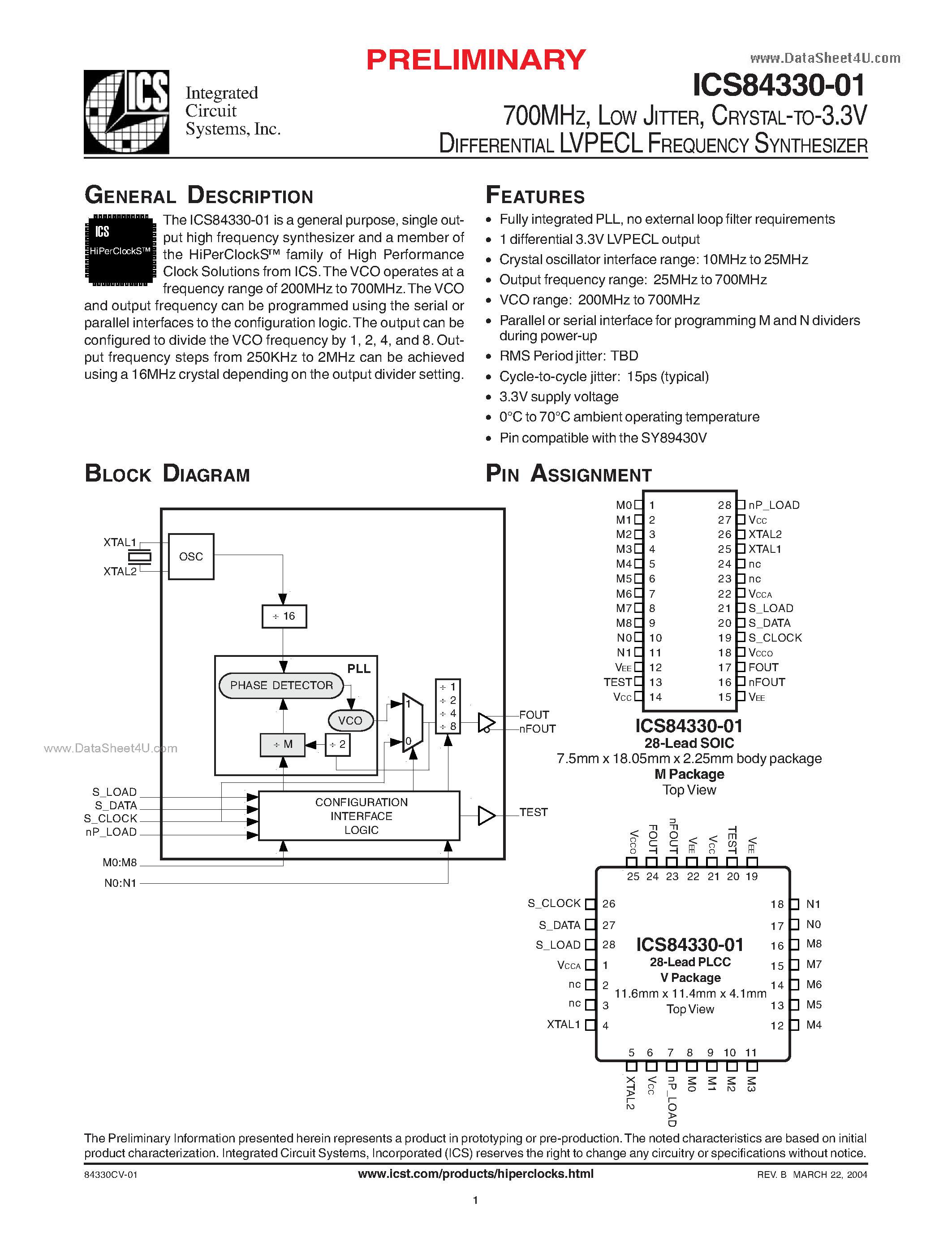 Даташит ICS84330-01 - CRYSTAL-TO-3.3V DIFFERENTIAL LVPECL FREQUENCY SYNTHESIZER страница 1
