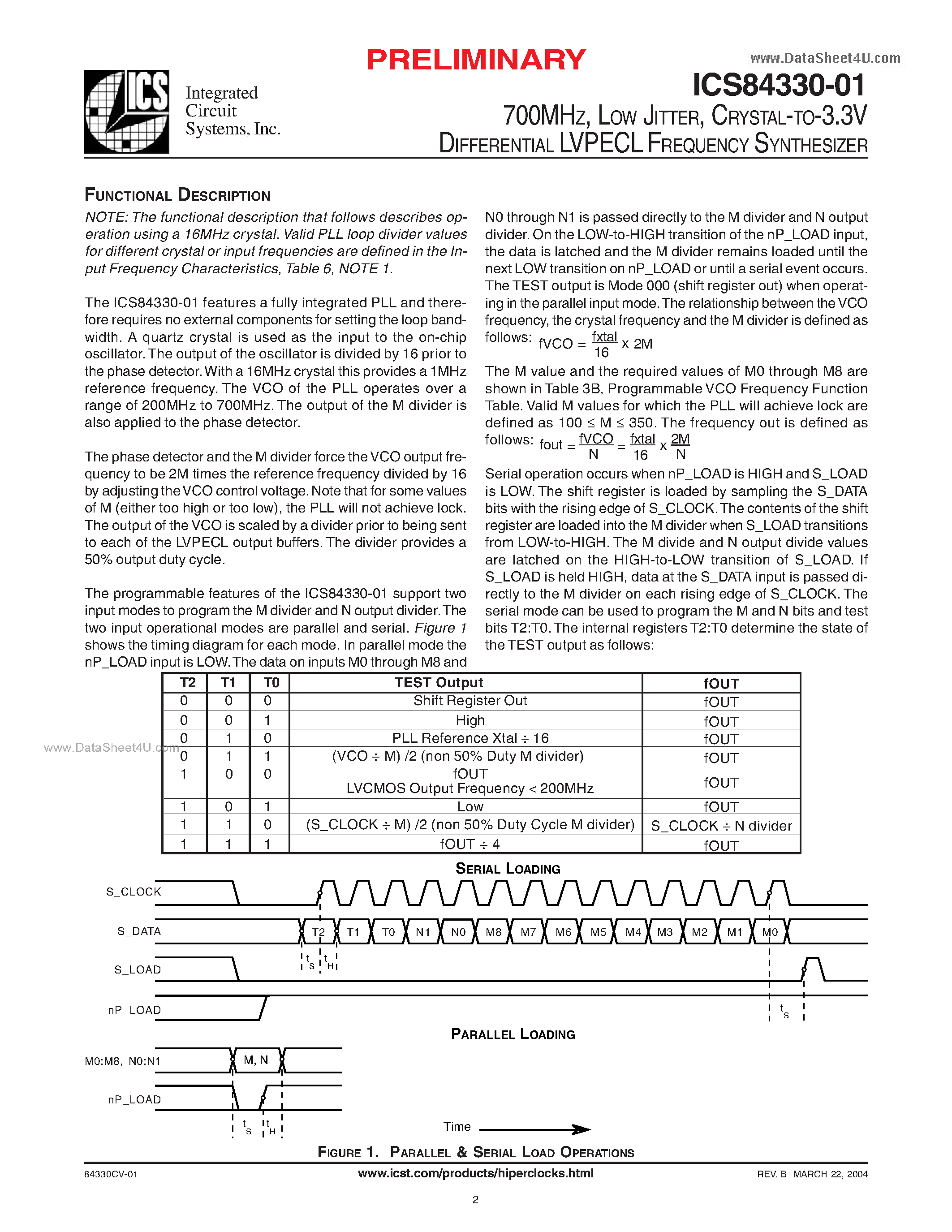 Даташит ICS84330-01 - CRYSTAL-TO-3.3V DIFFERENTIAL LVPECL FREQUENCY SYNTHESIZER страница 2