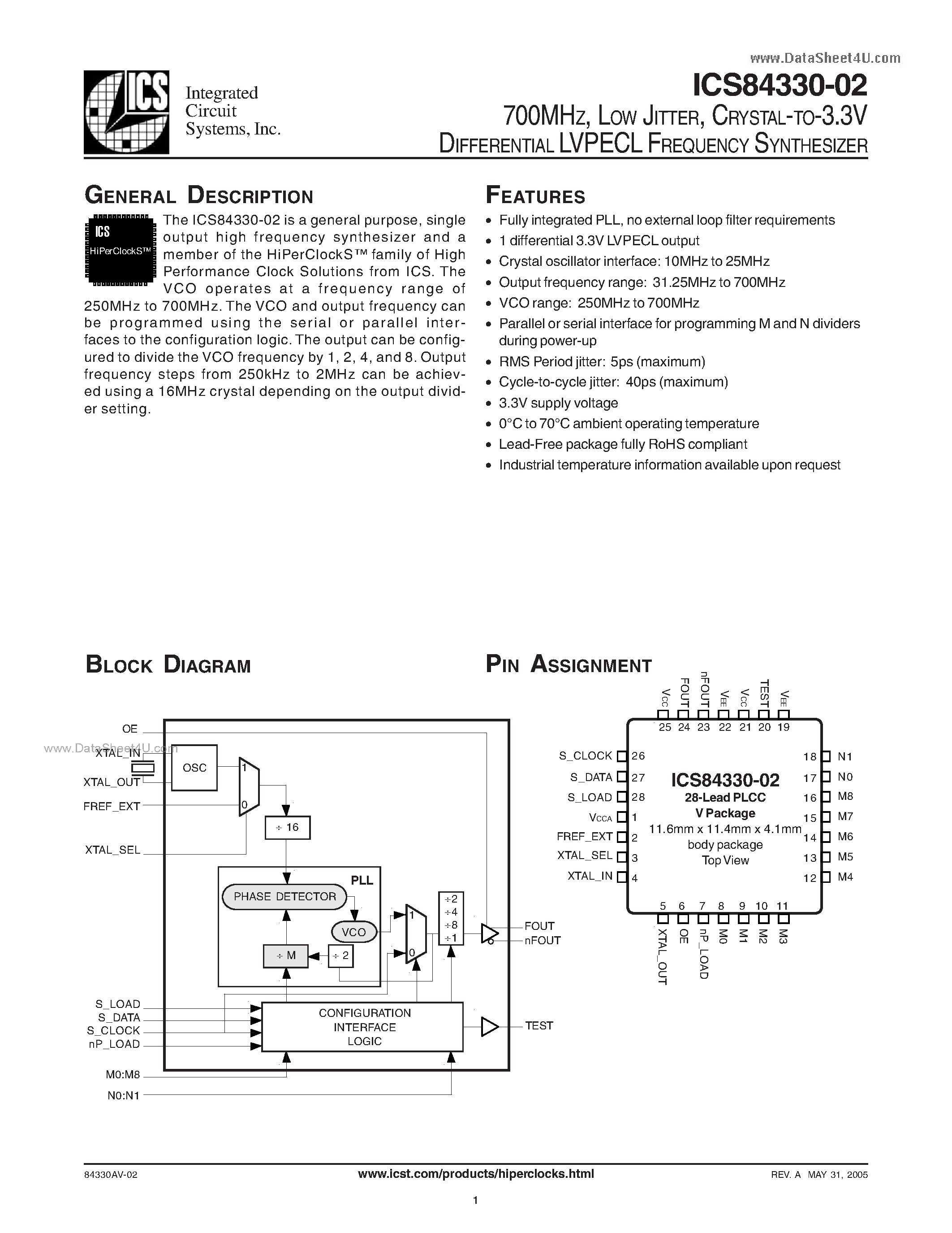 Даташит ICS84330-02 - CRYSTAL-TO-3.3V DIFFERENTIAL LVPECL FREQUENCY SYNTHESIZER страница 1