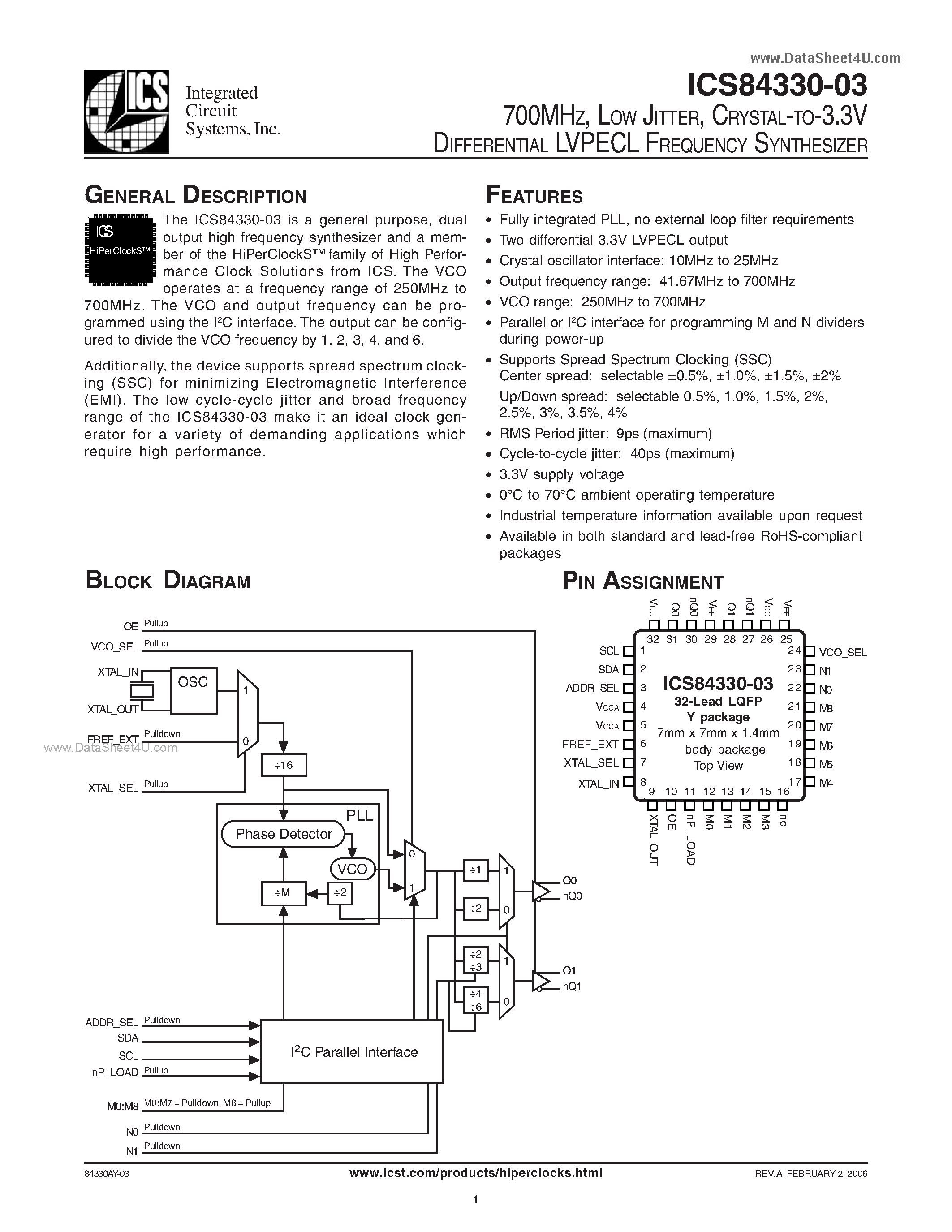 Даташит ICS84330-03 - CRYSTAL-TO-3.3V DIFFERENTIAL LVPECL FREQUENCY SYNTHESIZER страница 1