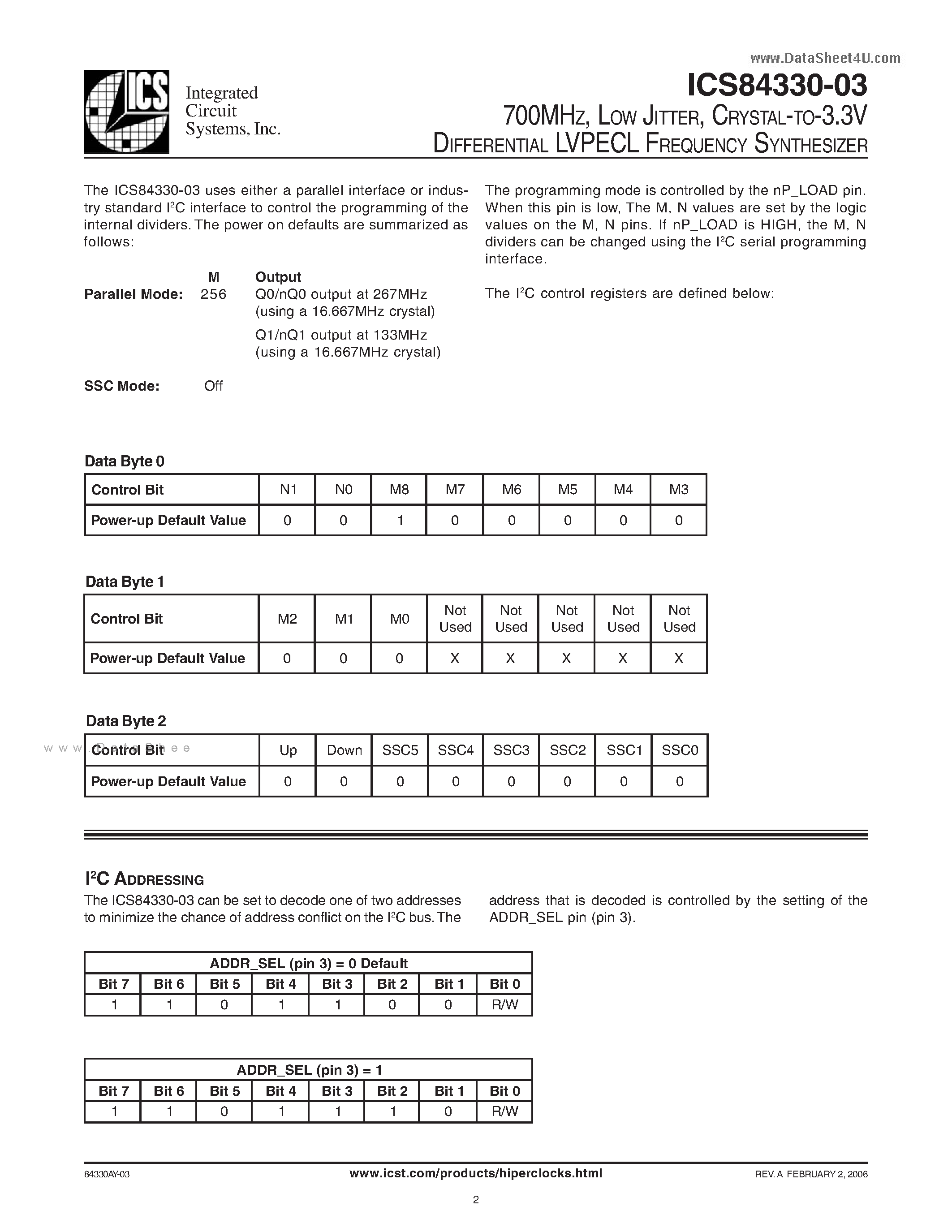 Даташит ICS84330-03 - CRYSTAL-TO-3.3V DIFFERENTIAL LVPECL FREQUENCY SYNTHESIZER страница 2