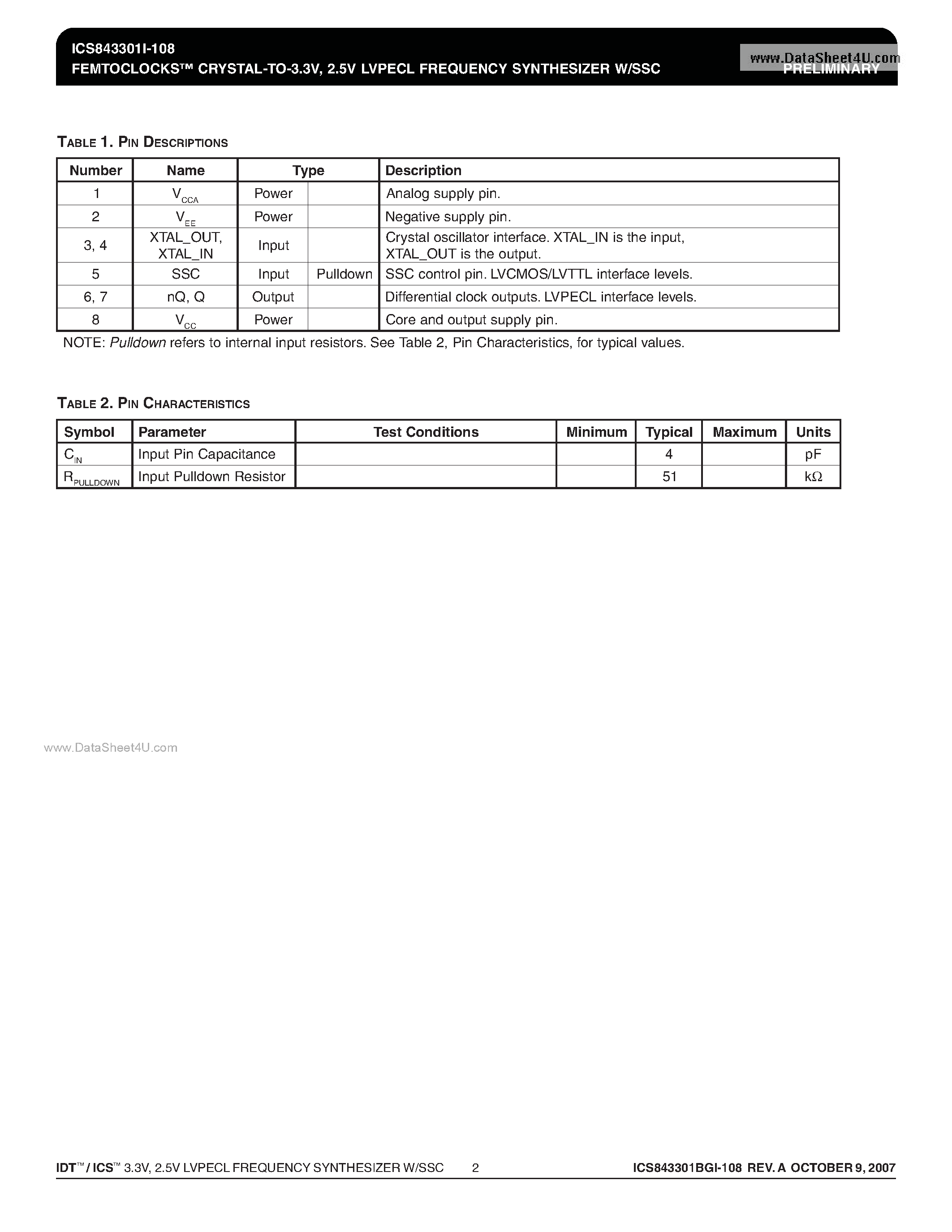 Datasheet ICS843301I-108 page 2 Datasheet ICS843301I-108 - 2.5V LVPECL 75MHZ FREQUENCY SYNTHESIZER W/SSC page 2