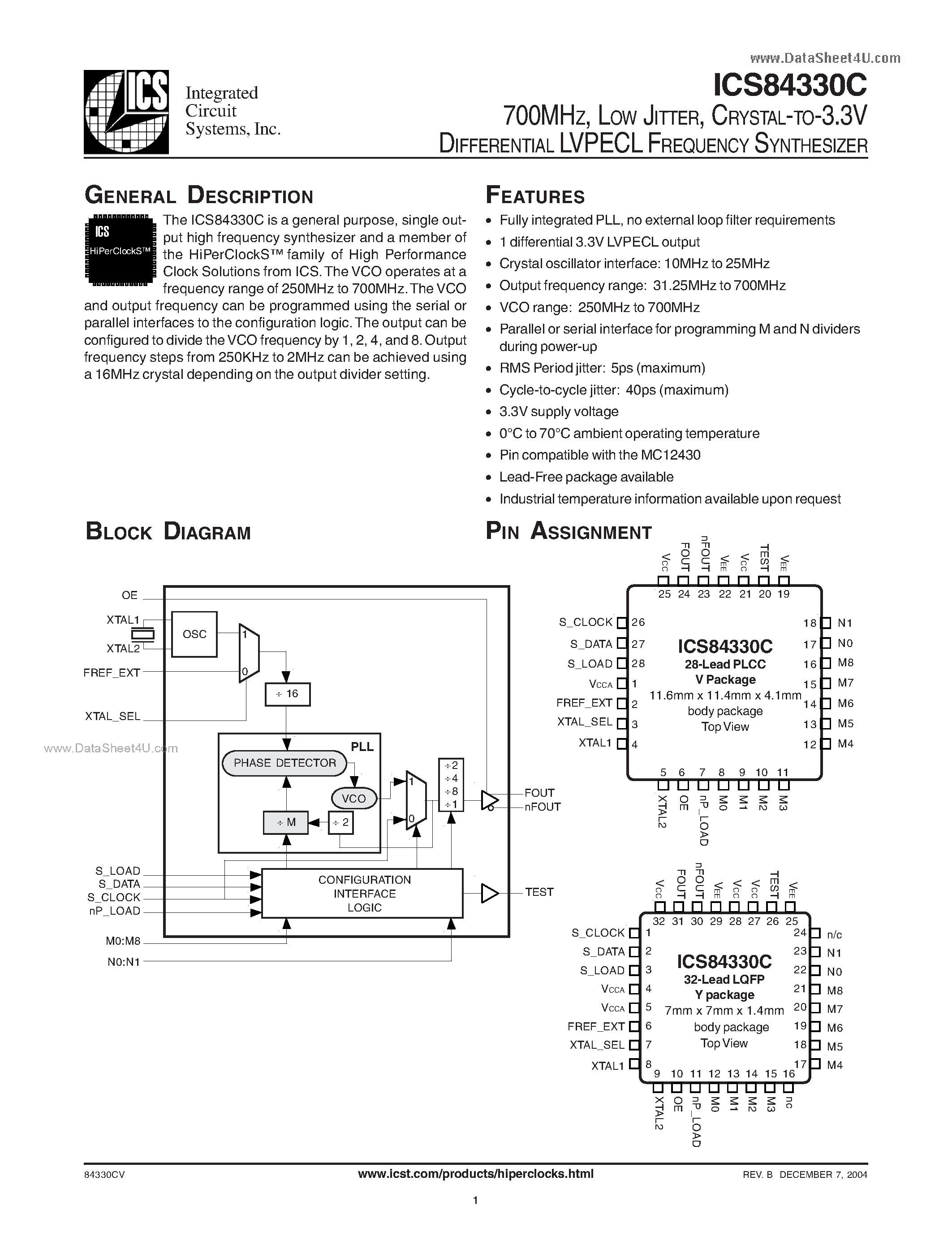Даташит ICS84330C - CRYSTAL-TO-3.3V DIFFERENTIAL LVPECL FREQUENCY SYNTHESIZER страница 1