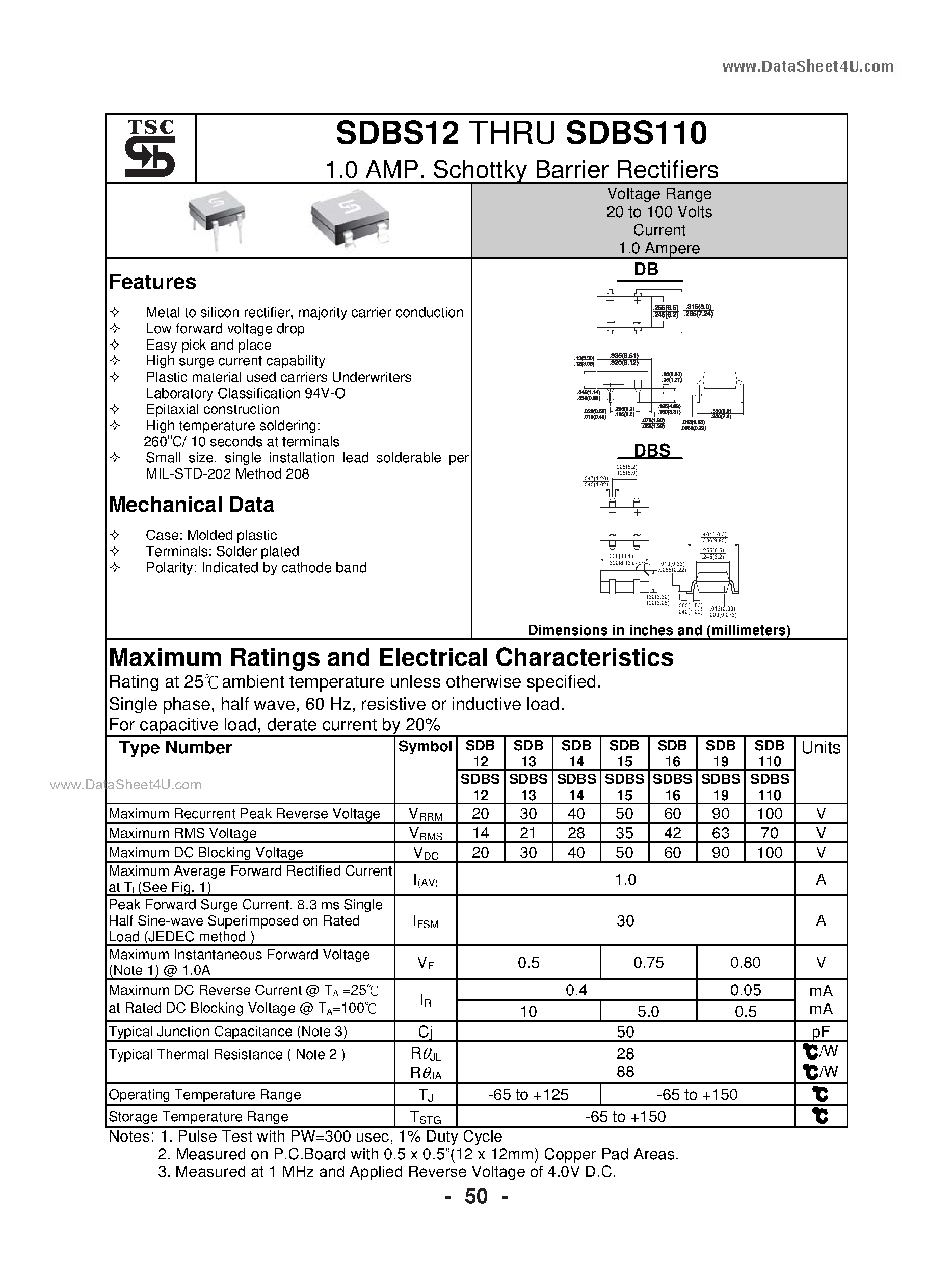 Datasheet SDB110 - (SDB12 - SDB110) Schottky Barrier Rectifiers page 1