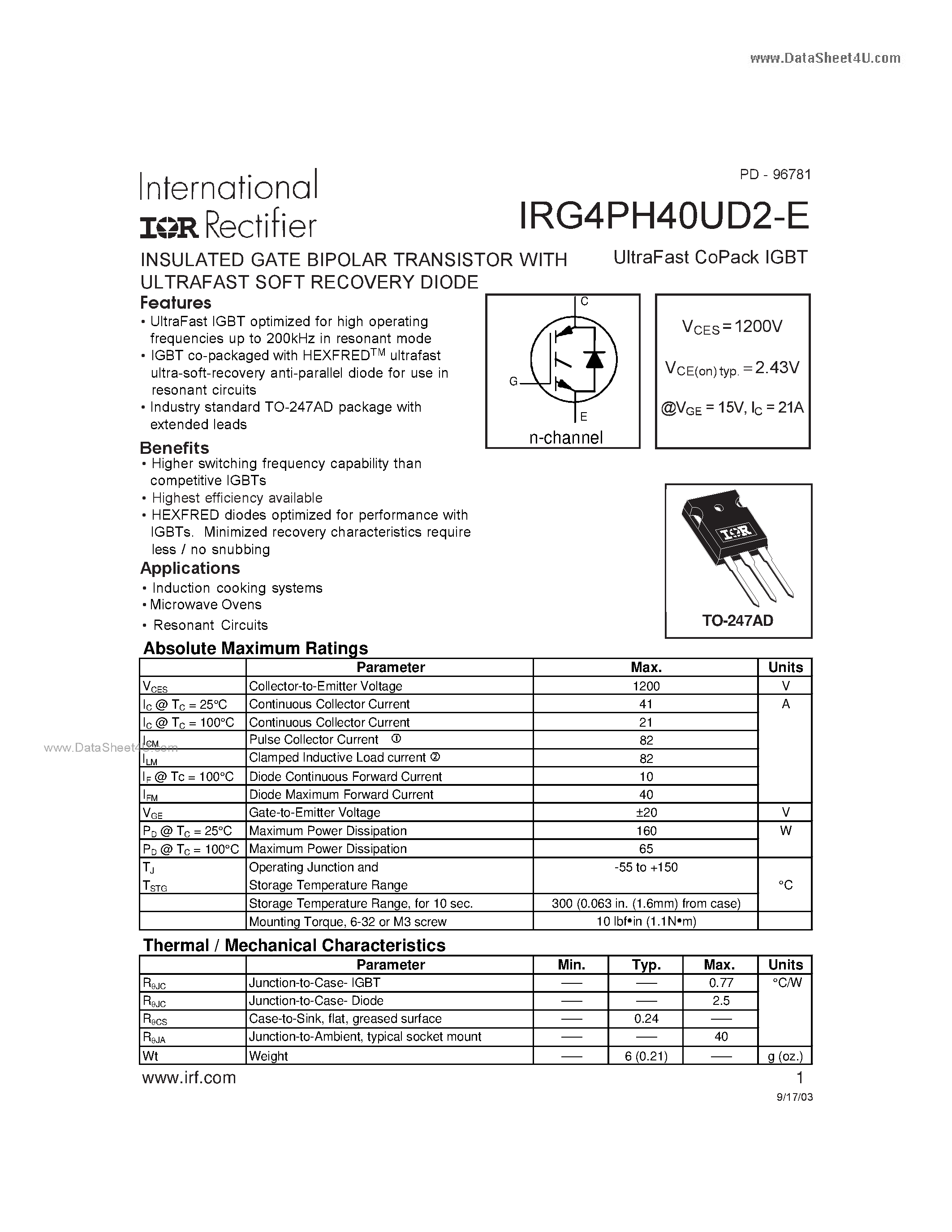 Datasheet G4PH40UD2-E - Search -----> IRG4PH40UD2-E page 1