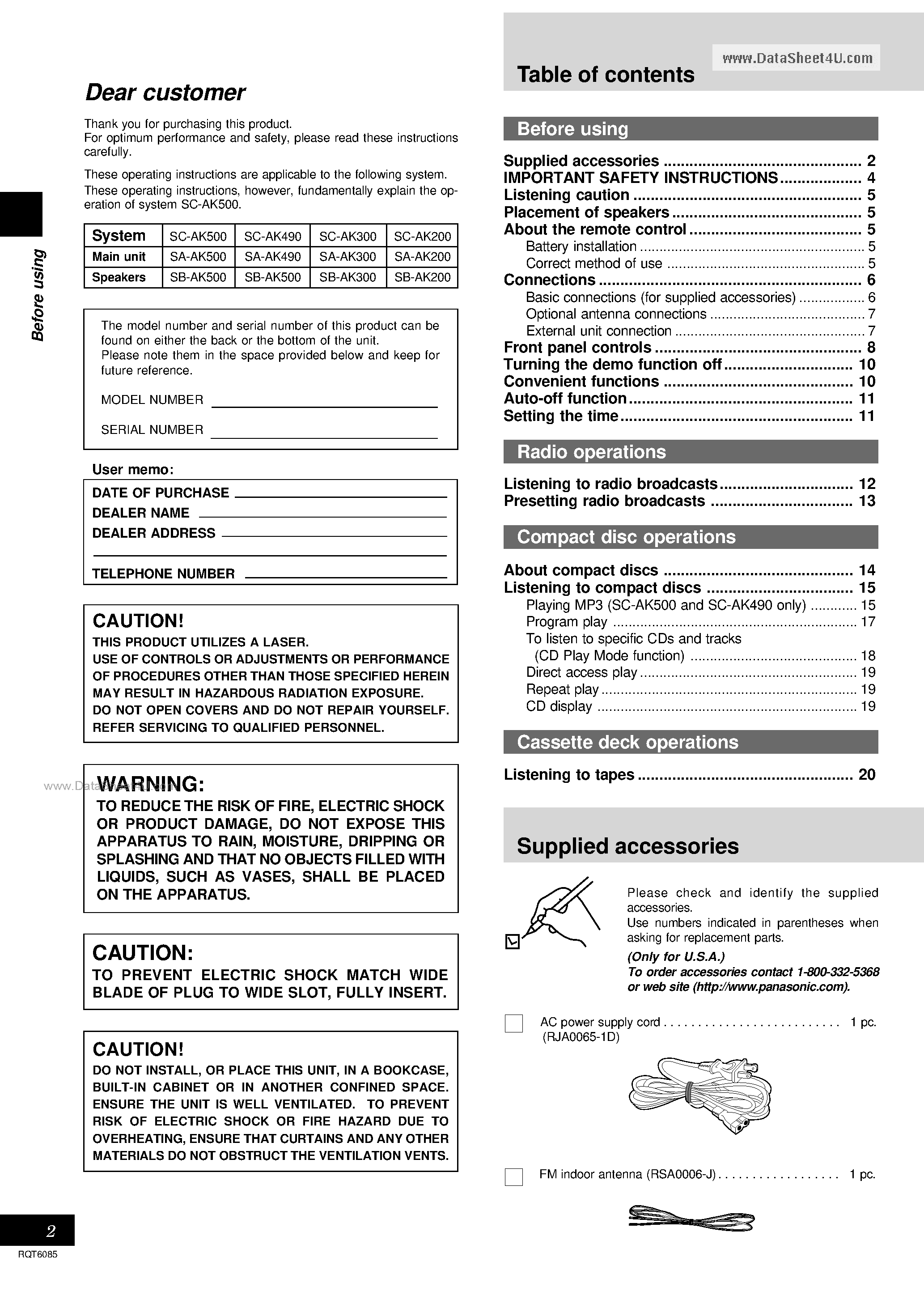 Даташит SA-AK200 - (SA-AKxx0) CD Stereo System страница 2