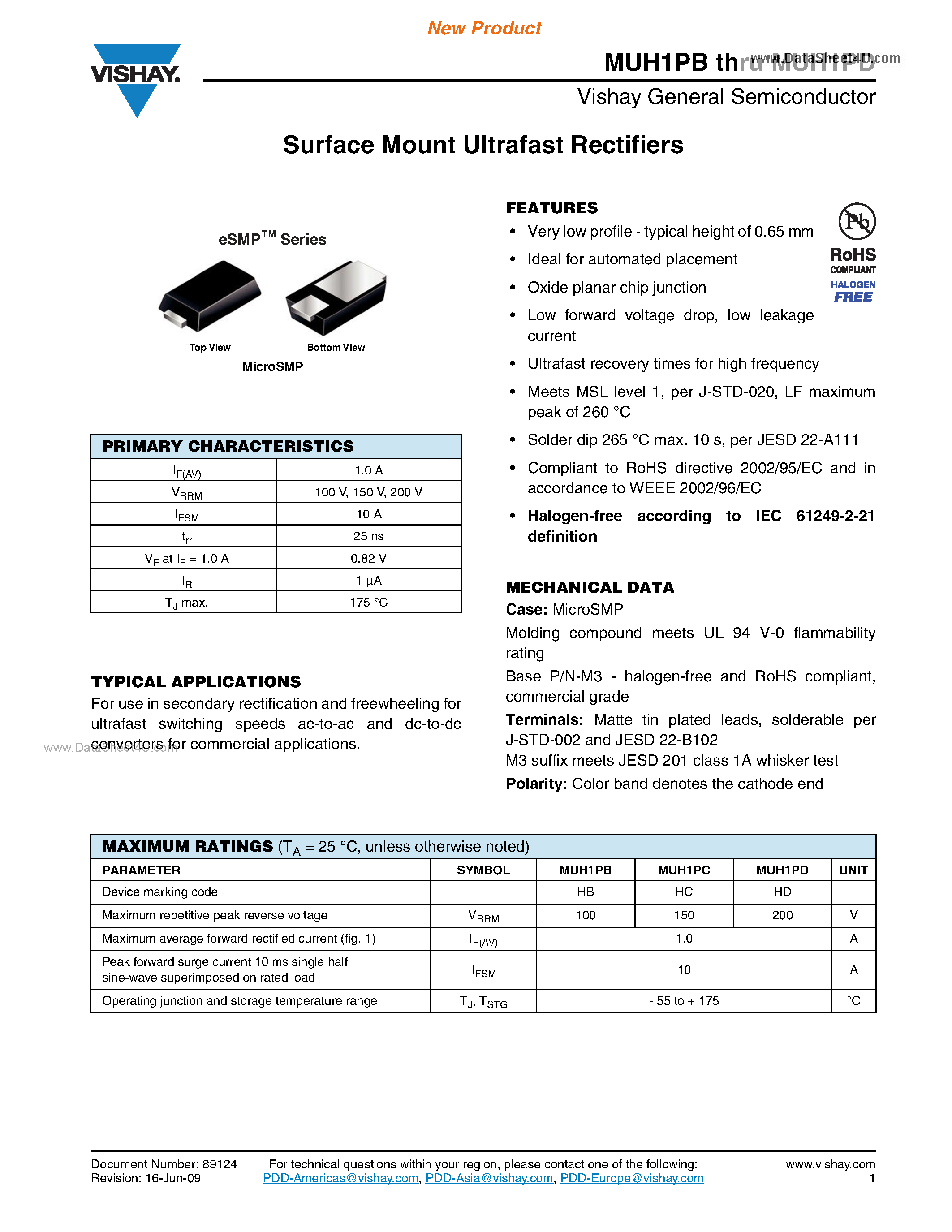 Datasheet MUH1PB page 1 Datasheet MUH1PB - (MUH1Px) Surface Mount Ultrafast Rectifiers page 1