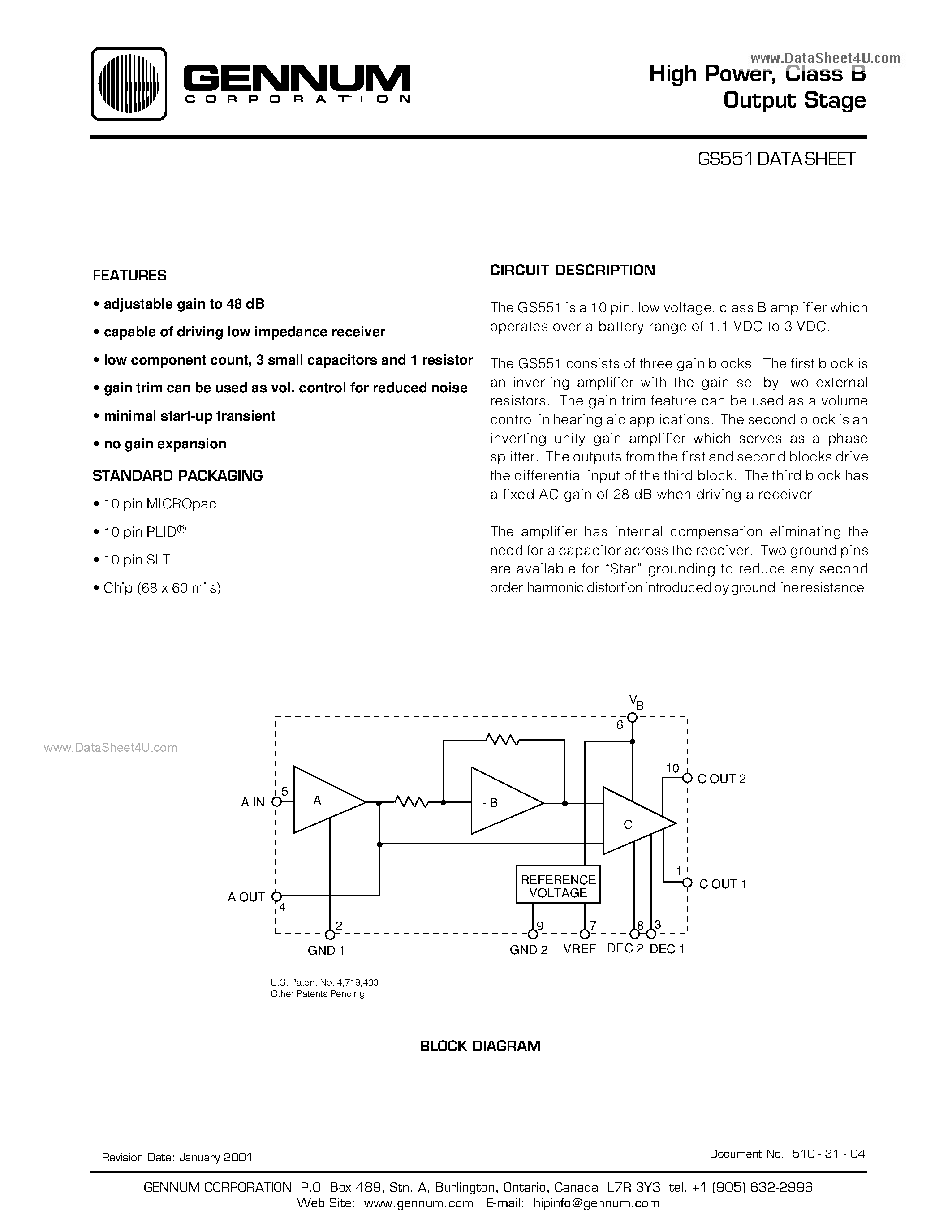 Datasheet GS551 page 1 Datasheet GS551 - Class B Output Stage page 1