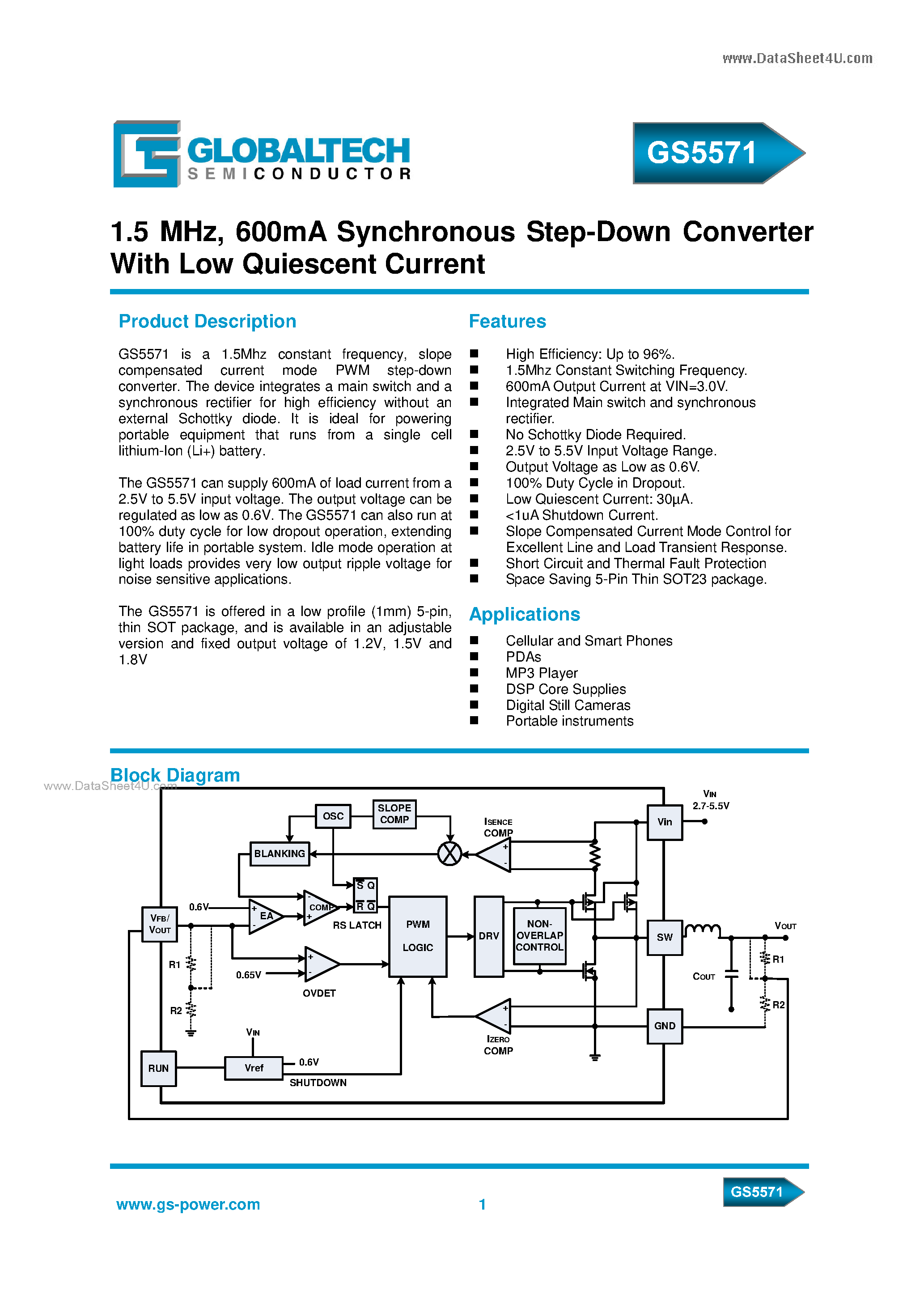 Даташит на микросхему GS5571 страница 1 Даташит GS5571 - 600mA Synchronous Step-Down Converter страница 1