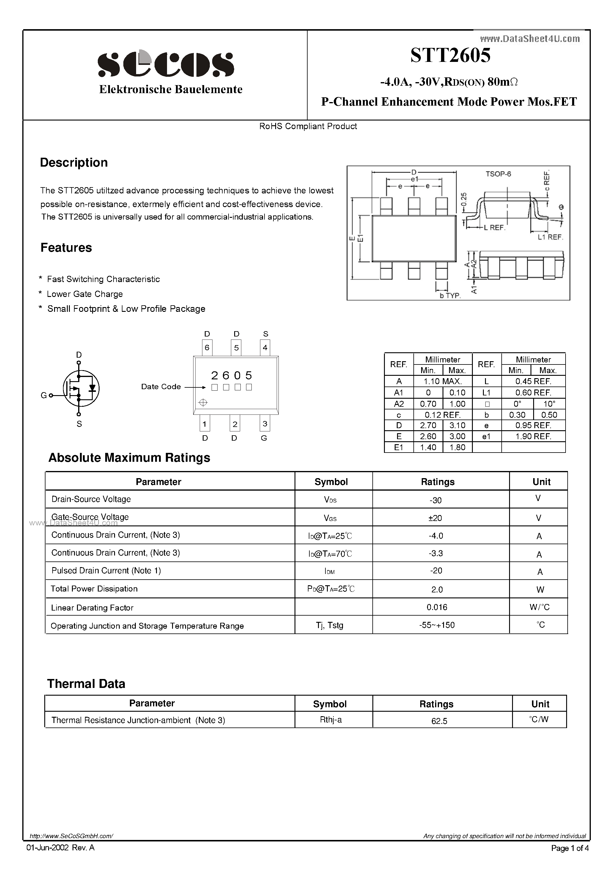 Datasheet STT2605 - P-Channel Enhancement Mode Power MosFET page 1