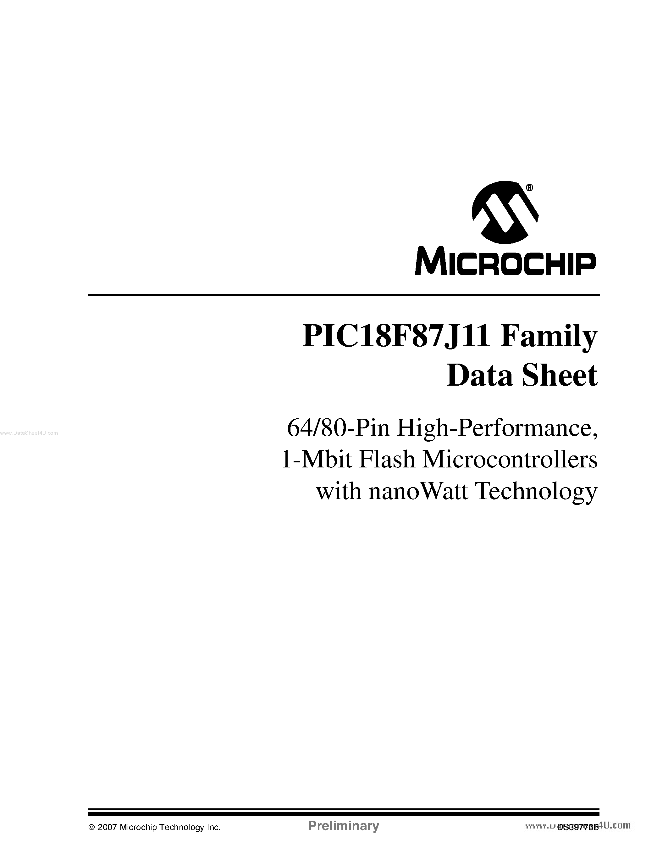 Datasheet PIC18F66J16 page 1 Datasheet PIC18F66J16 - 1-Mbit Flash Microcontrollers page 1