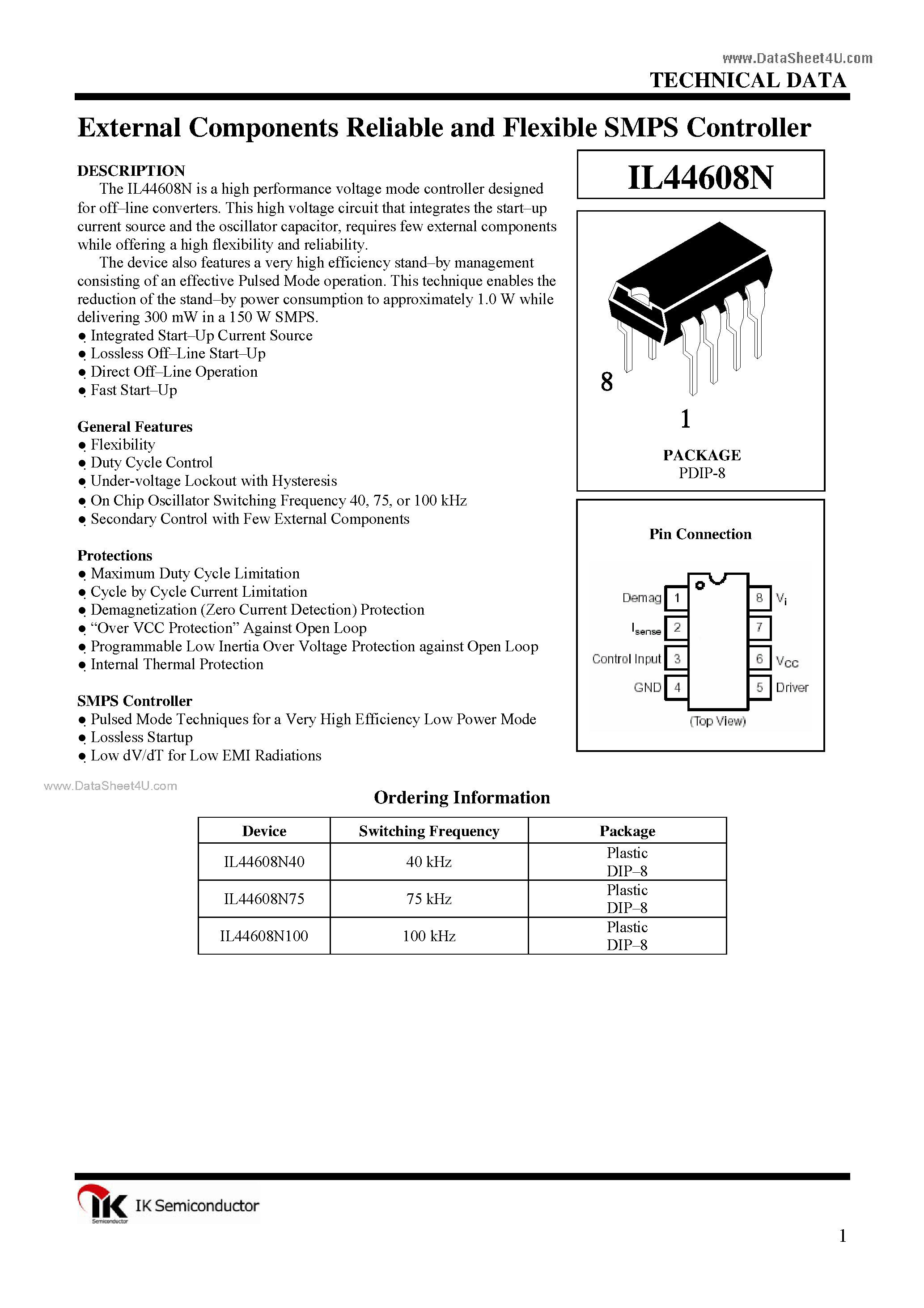 Даташит на микросхему IL44608N страница 1 Даташит IL44608N - External Components Reliable and Flexible SMPS Controller страница 1