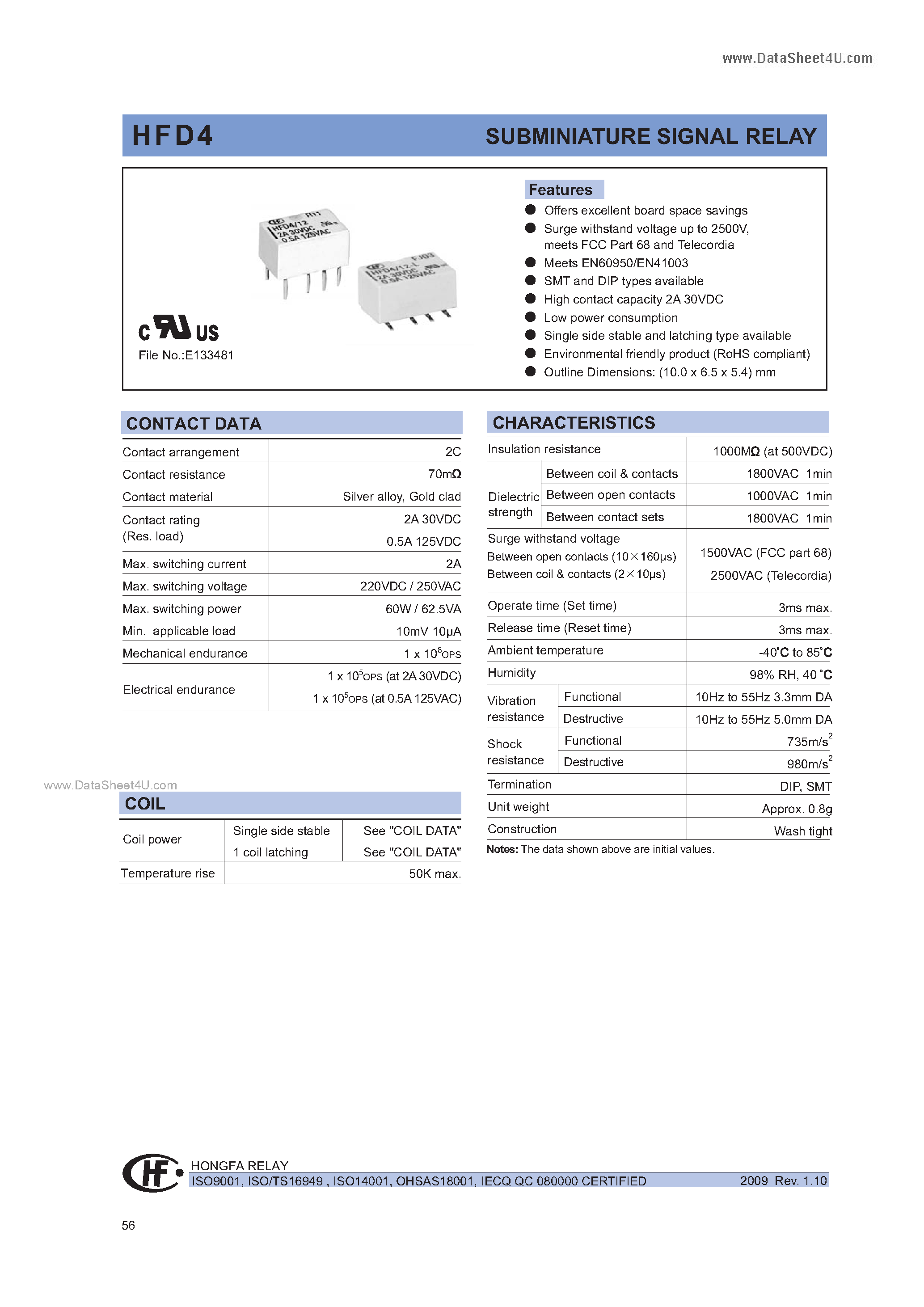Даташит HFD4 - SUBMINIATURE SIGNAL RELAY страница 1