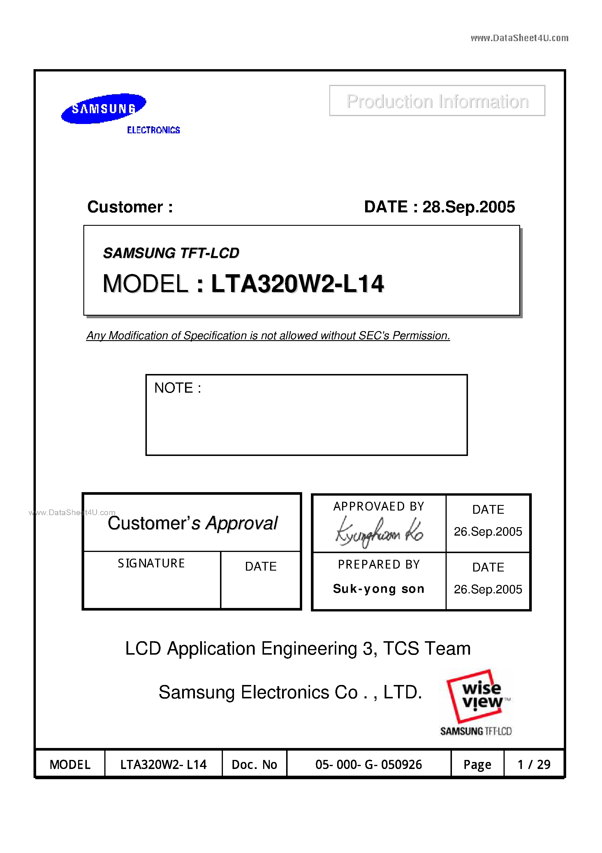 Datasheet LTA320W2-L14 page 1 Datasheet LTA320W2-L14 - TFT-LCD page 1