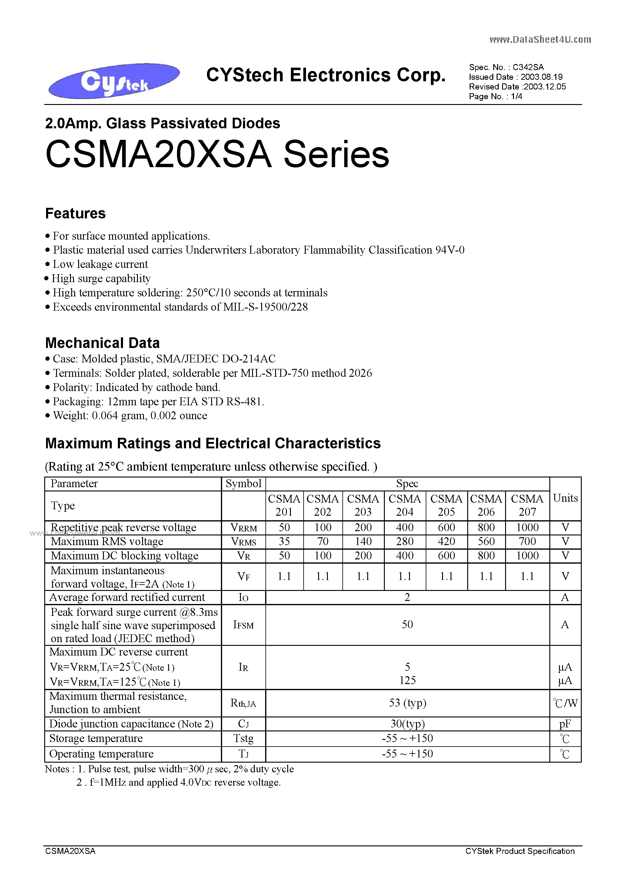 Даташит на микросхему CSMA201SA страница 1 Даташит CSMA201SA - 2.0Amp. Glass Passivated Diodes страница 1