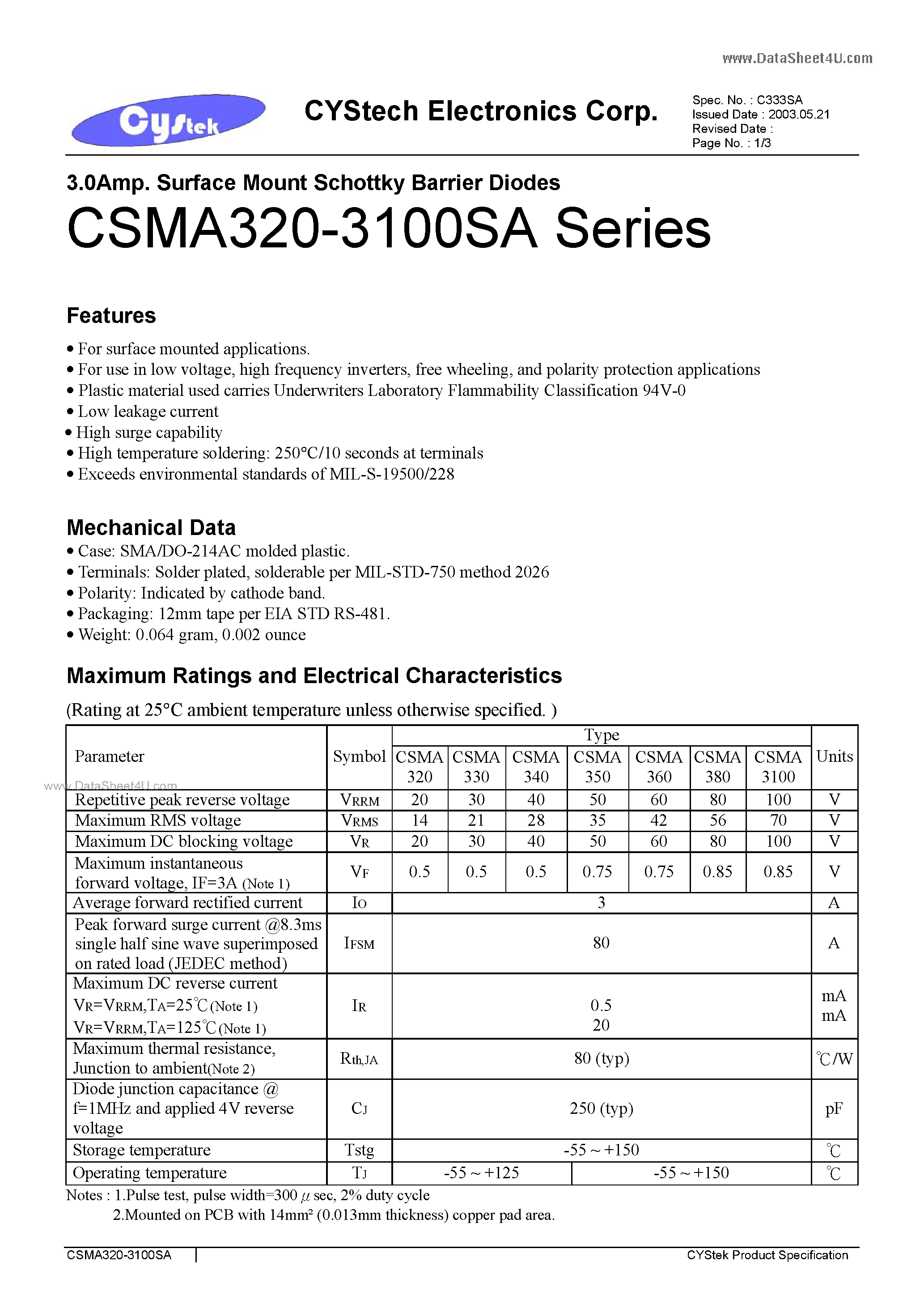 Datasheet CSMA3100SA page 1 Datasheet CSMA3100SA - 3.0Amp. Surface Mount Schottky Barrier Diodes page 1