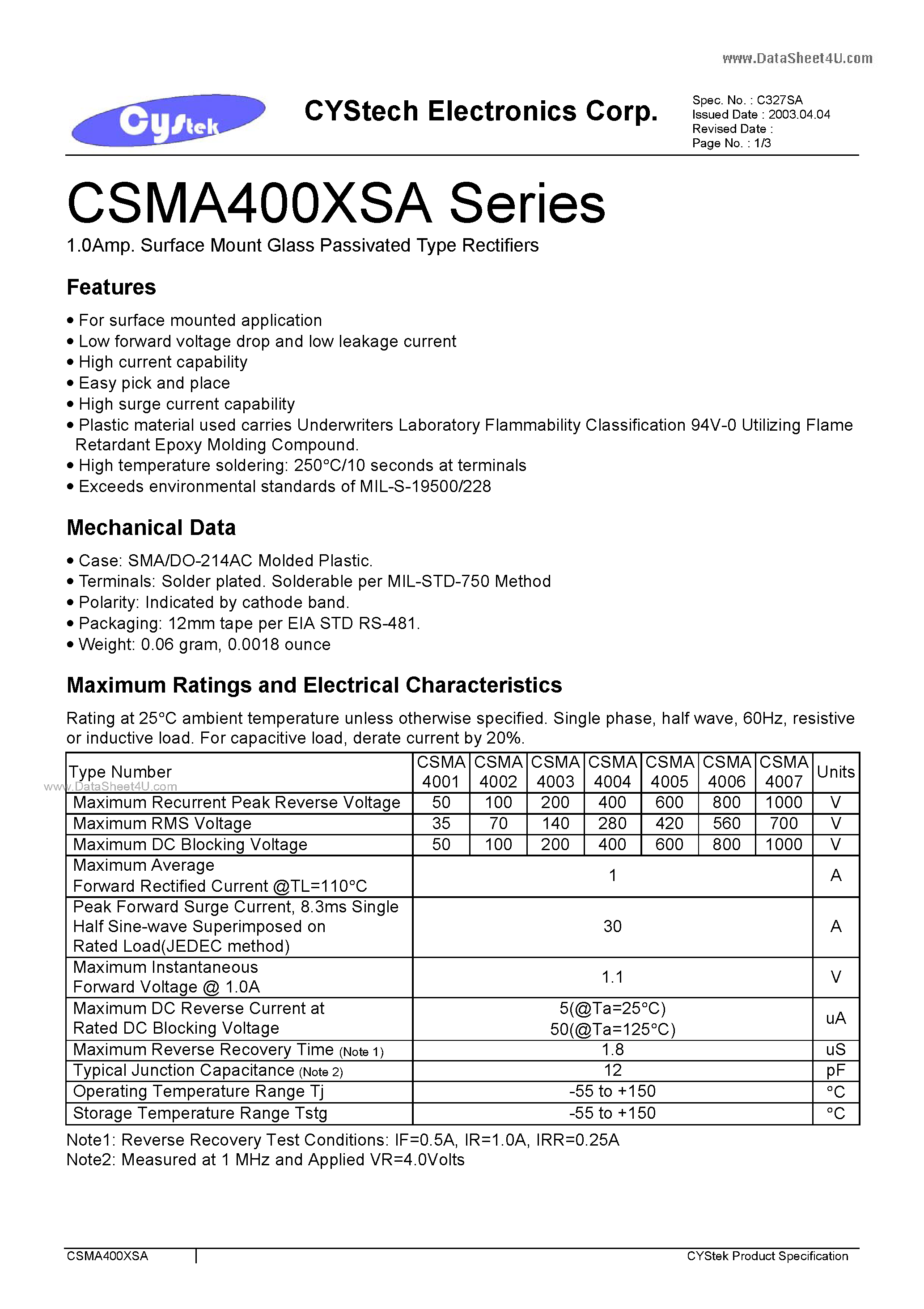 Даташит на микросхему CSMA4001SA страница 1 Даташит CSMA4001SA - 1.0Amp. Surface Mount Glass Passivated Type Rectifiers страница 1