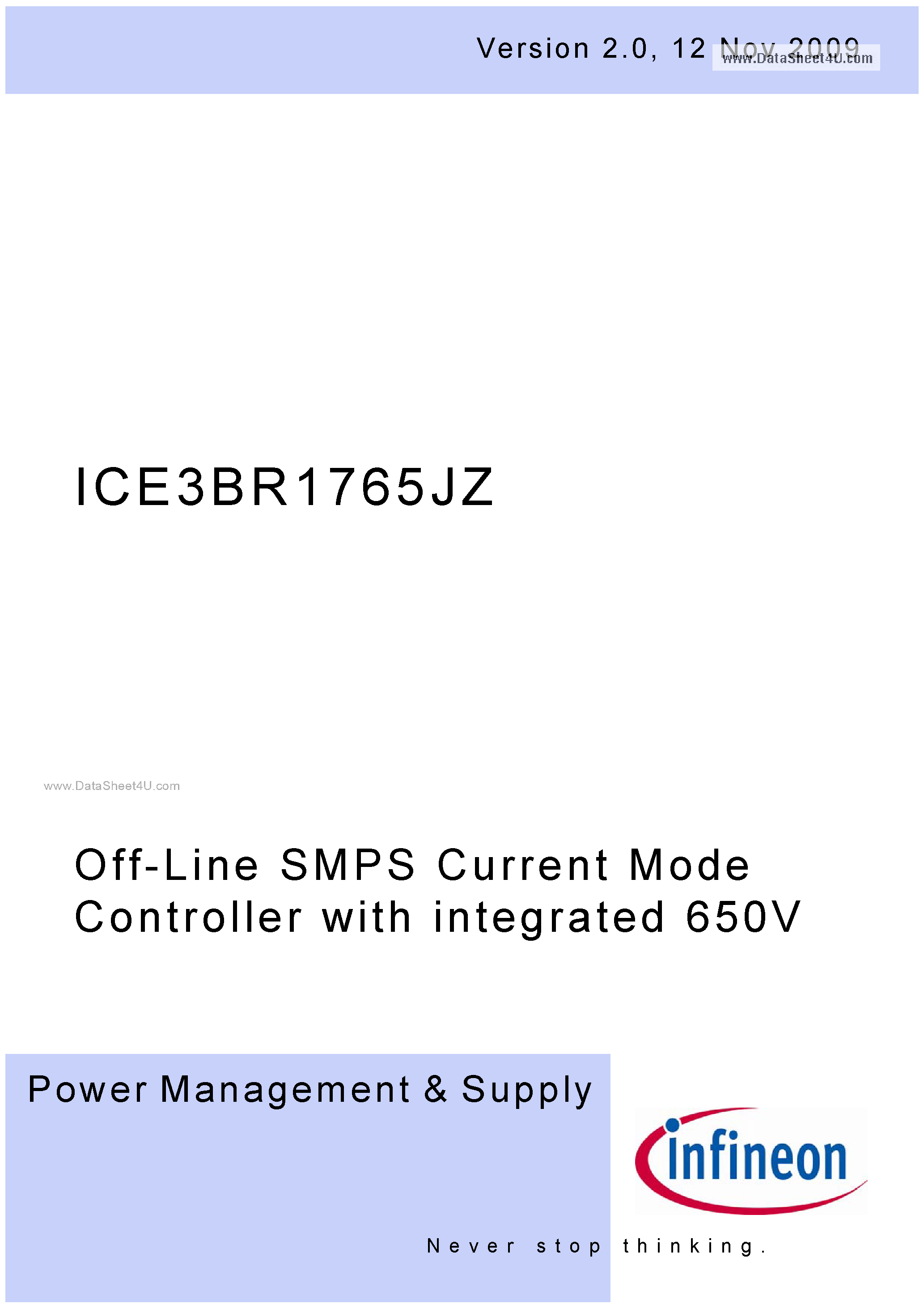 Datasheet ICE3BR1765JZ - Off-Line SMPS Current Mode Controller page 1