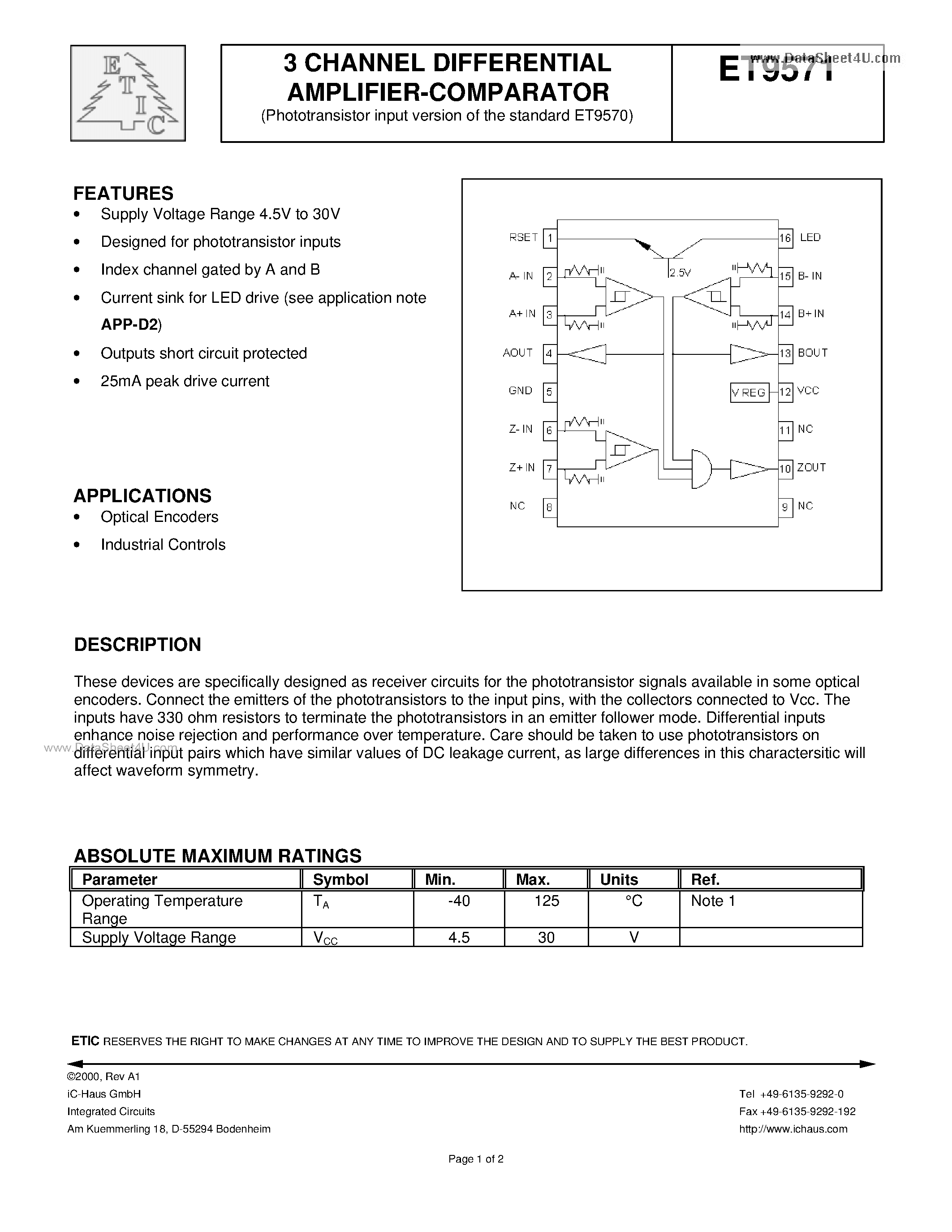 Даташит ET9571 - 3-Ch. Diff. Amplifier-comparator страница 1