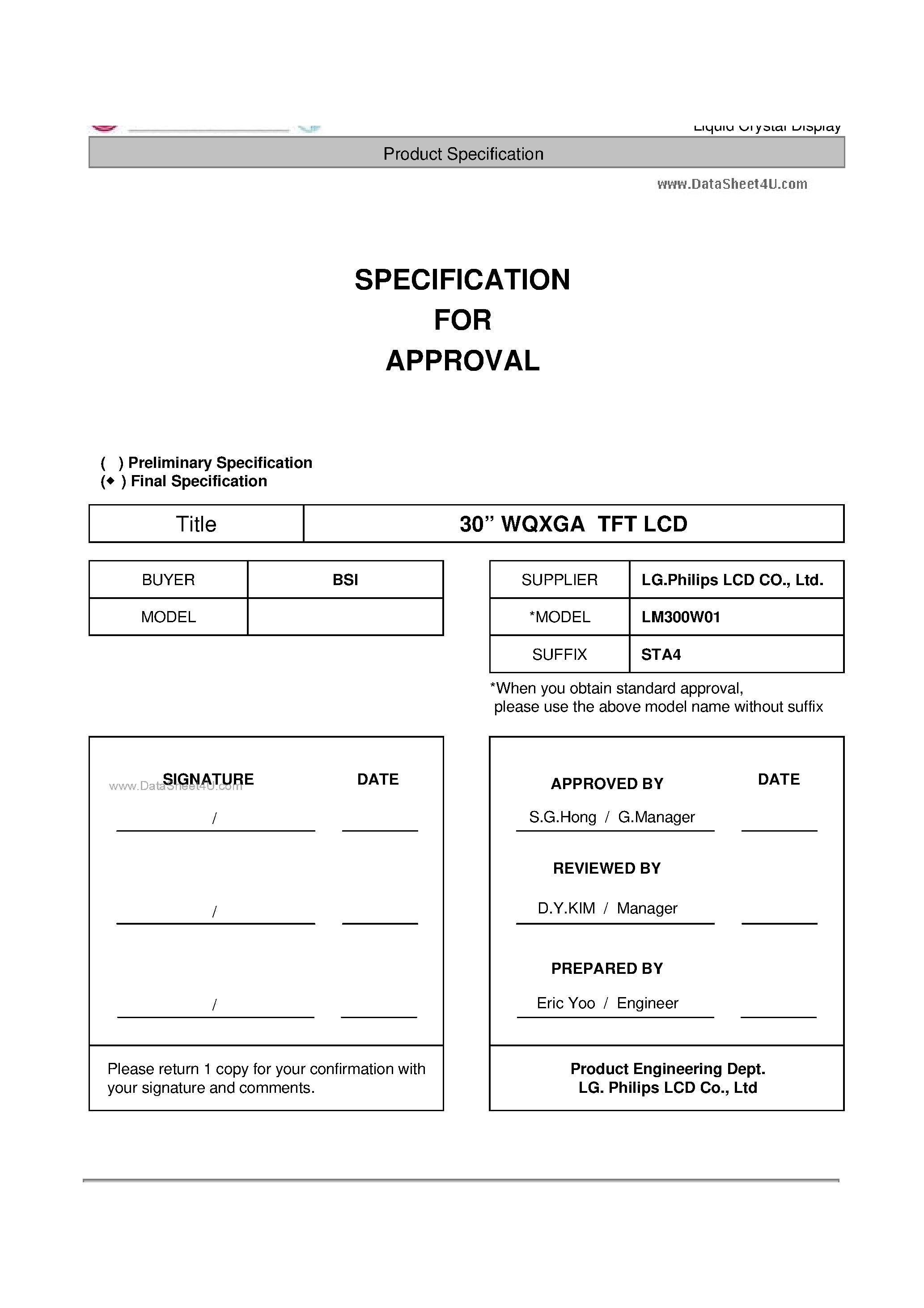 Datasheet LM300W01-STA3 page 1 Datasheet LM300W01-STA3 - LCD Module page 1