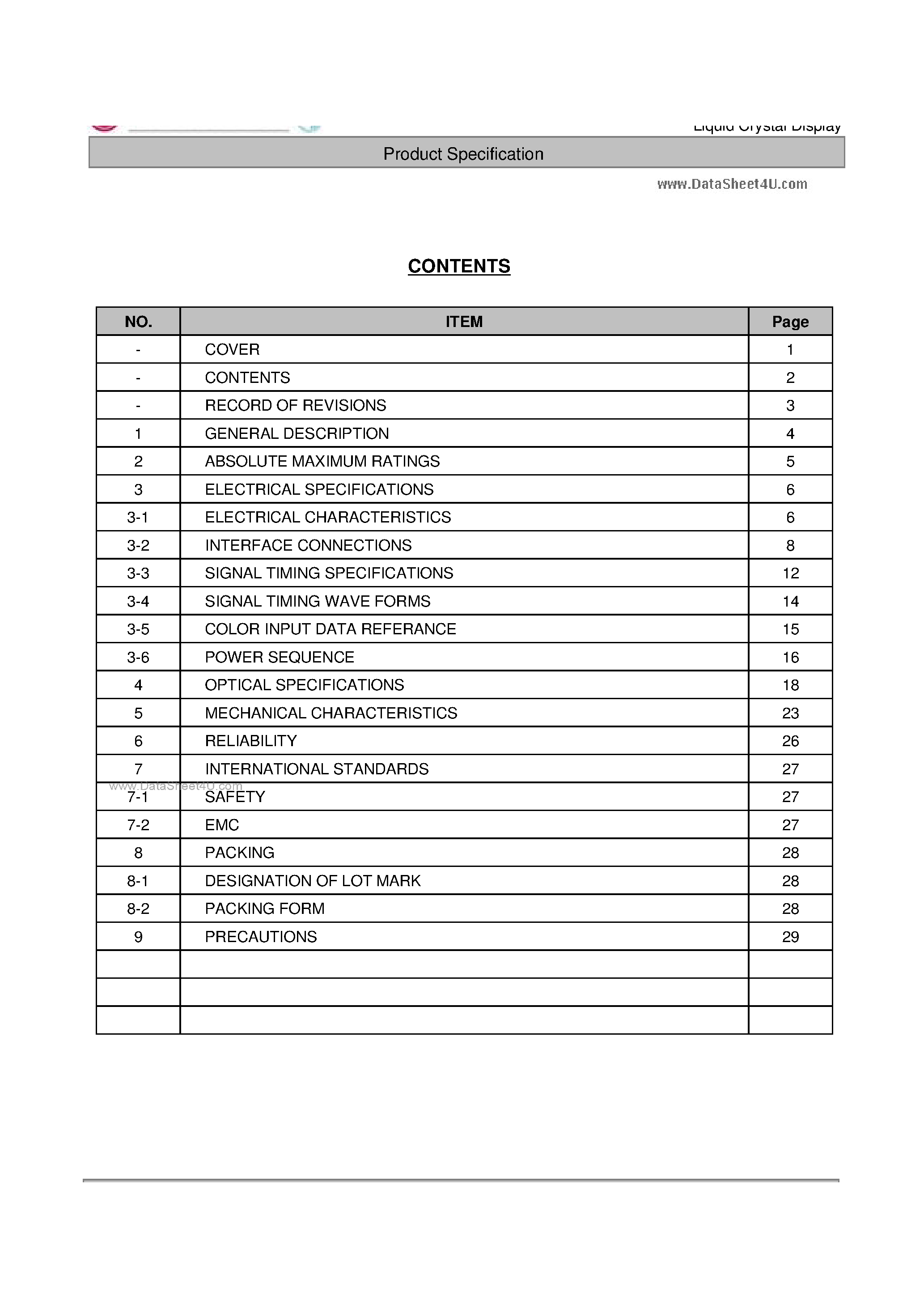 Datasheet LM300W01-STA4 page 2 Datasheet LM300W01-STA4 - LCD Module page 2