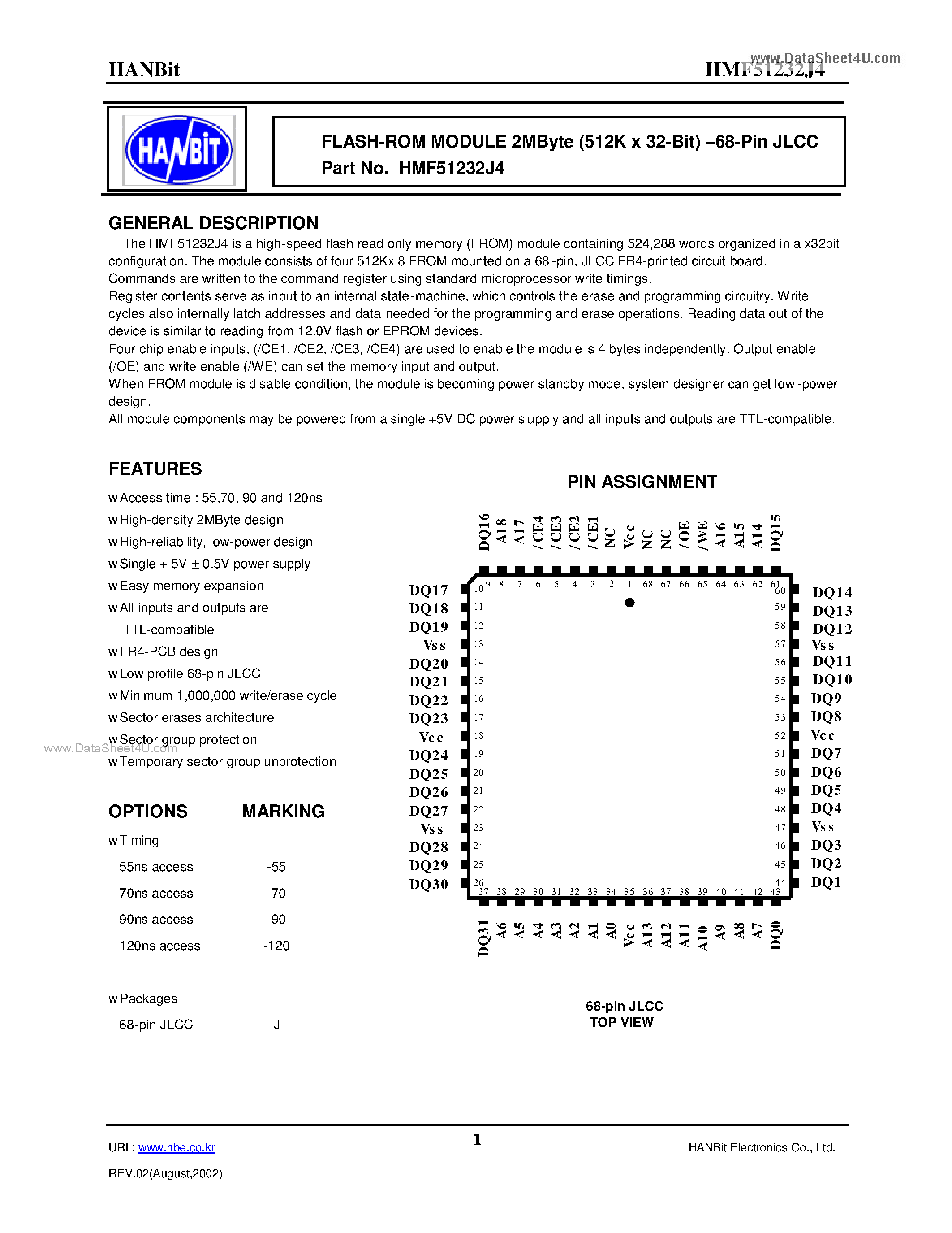 Даташит HMF51232J4 - FLASH-ROM MODULE 2MByte (512K x 32-Bit) - 68-Pin JLCC страница 1