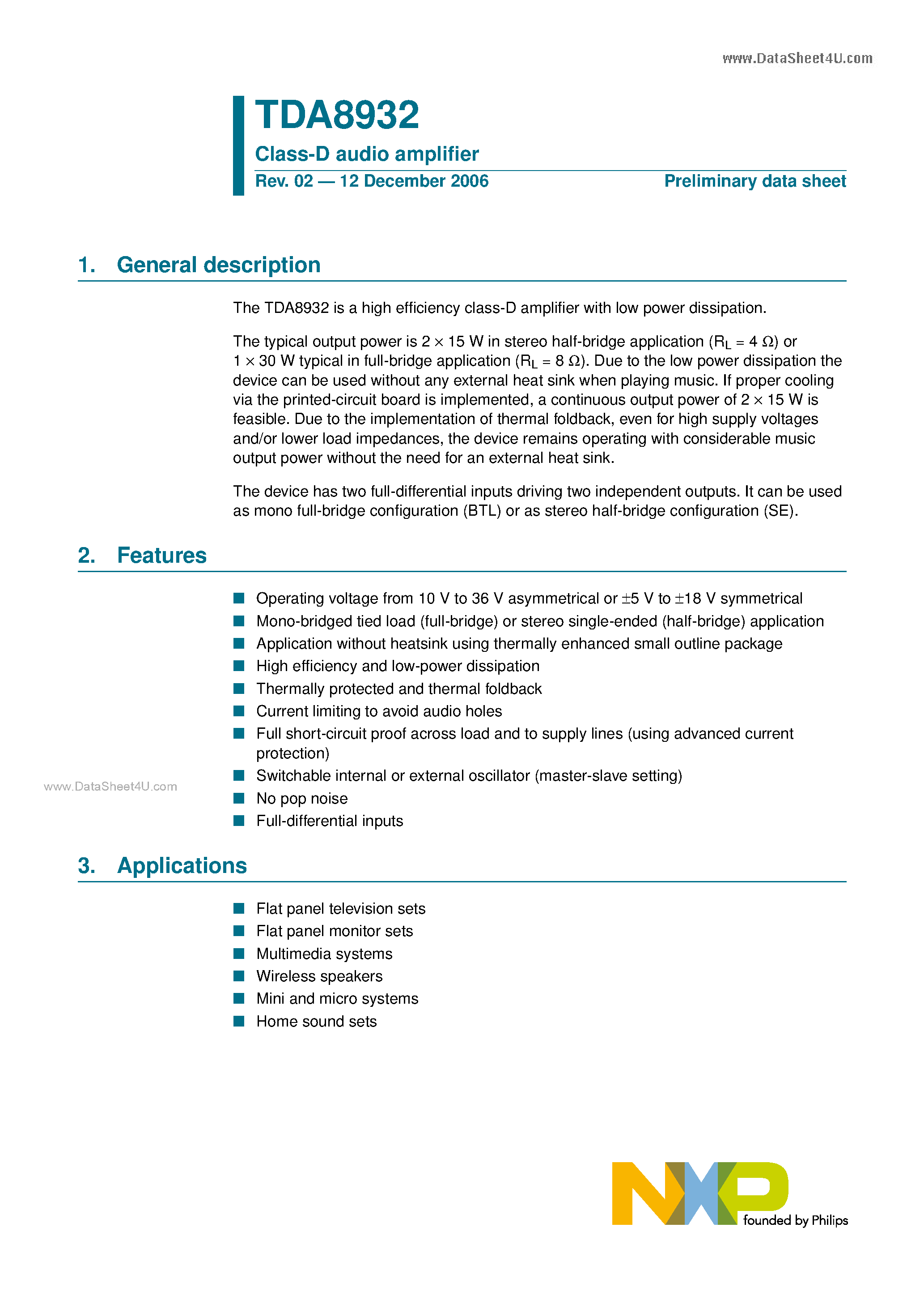 Datasheet TDA8932 - Class-D audio amplifer page 1
