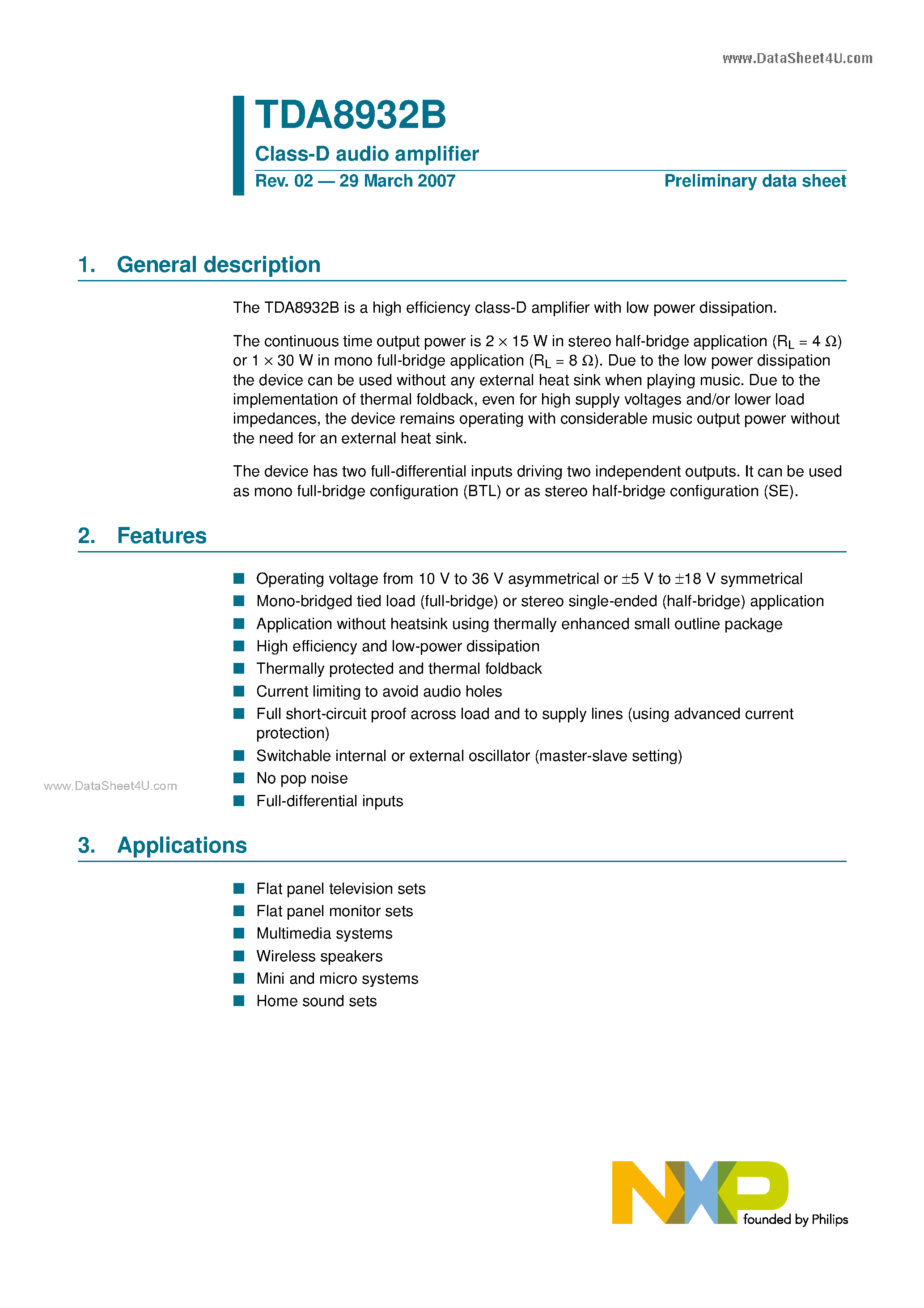 Datasheet TDA8932B - Class-D audio amplifer page 1