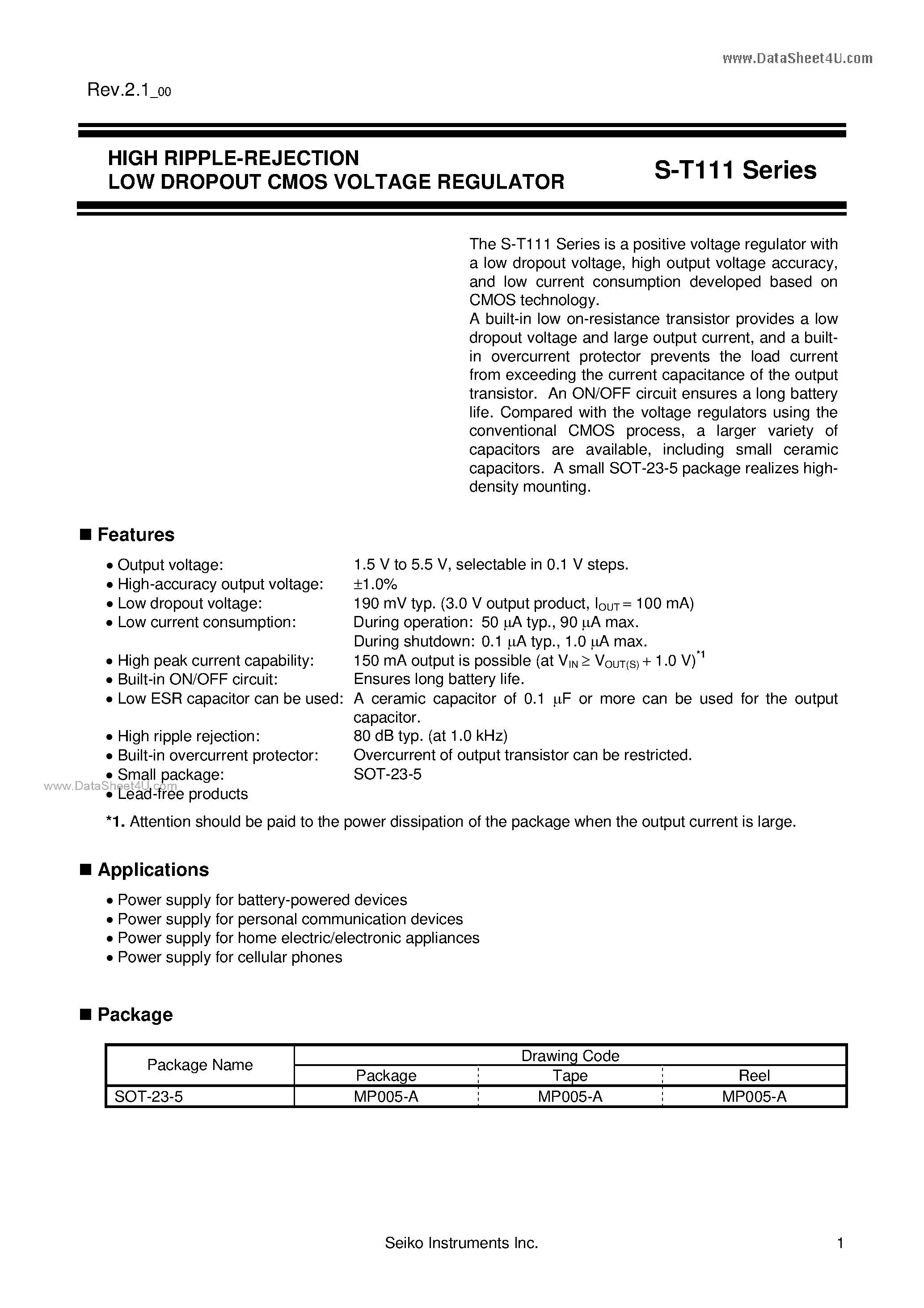 Datasheet S-T111 - HIGH RIPPLE-REJECTION LOW DROPOUT CMOS VOLTAGE REGULATOR page 1