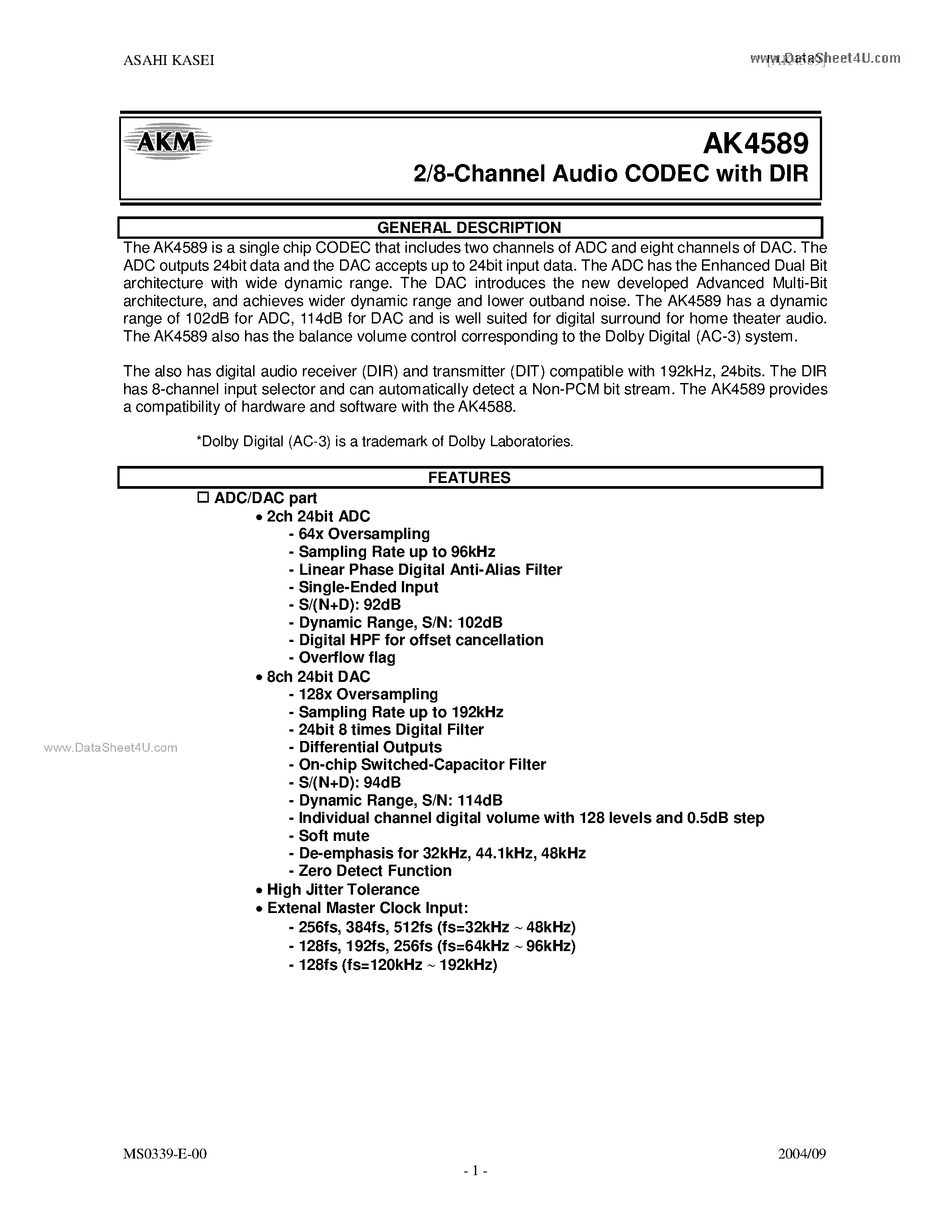 Даташит на микросхему AKD4589 страница 1 Даташит AKD4589 - 2/8-Channel Audio CODEC страница 1