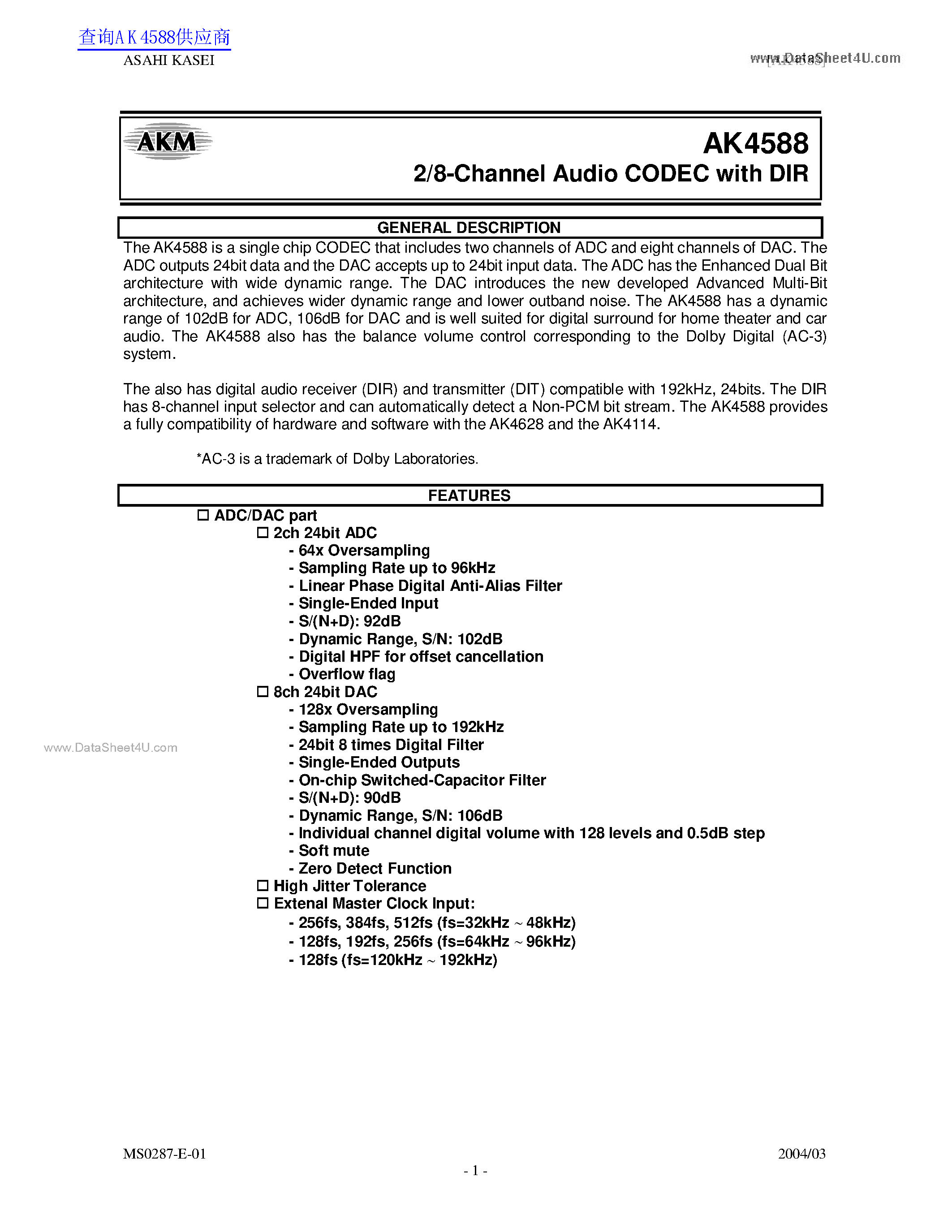 Даташит AKD4588 - 2/8-Channel Audio CODEC страница 1