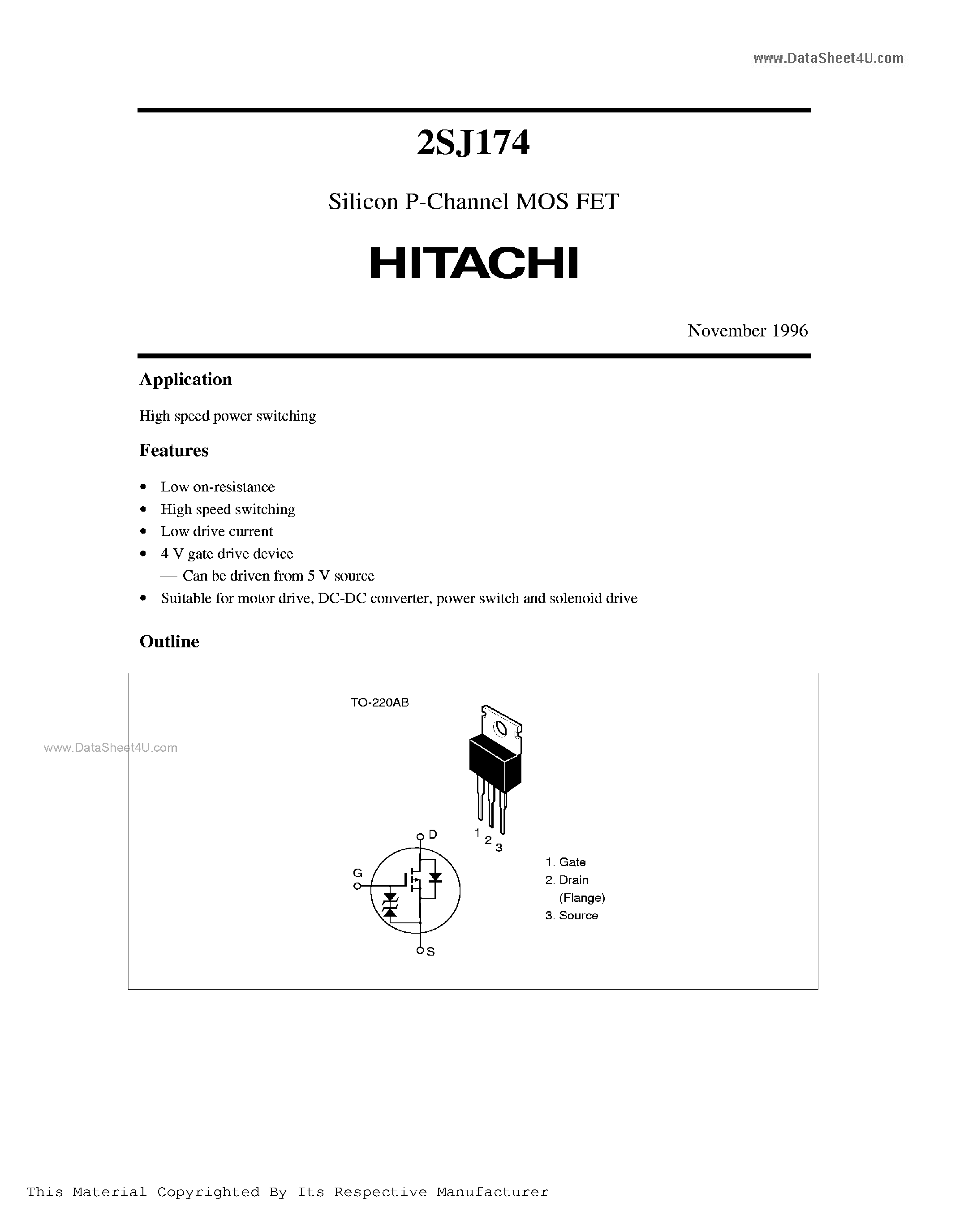 Даташит 2SJ174 - SILICON P-CHANNEL MOS FET HIGH SPEED POWER SWITCHING страница 1
