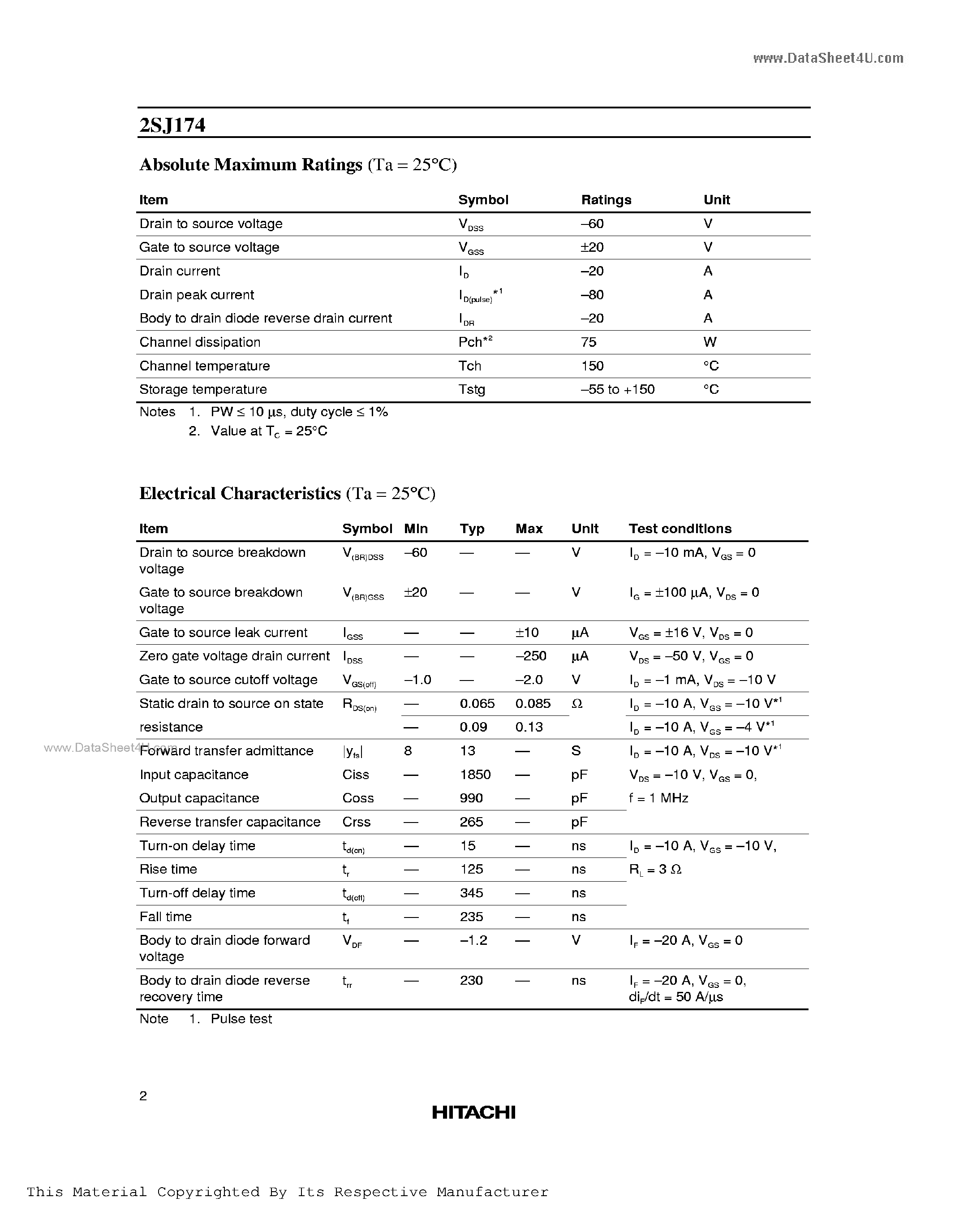 Даташит 2SJ174 - SILICON P-CHANNEL MOS FET HIGH SPEED POWER SWITCHING страница 2