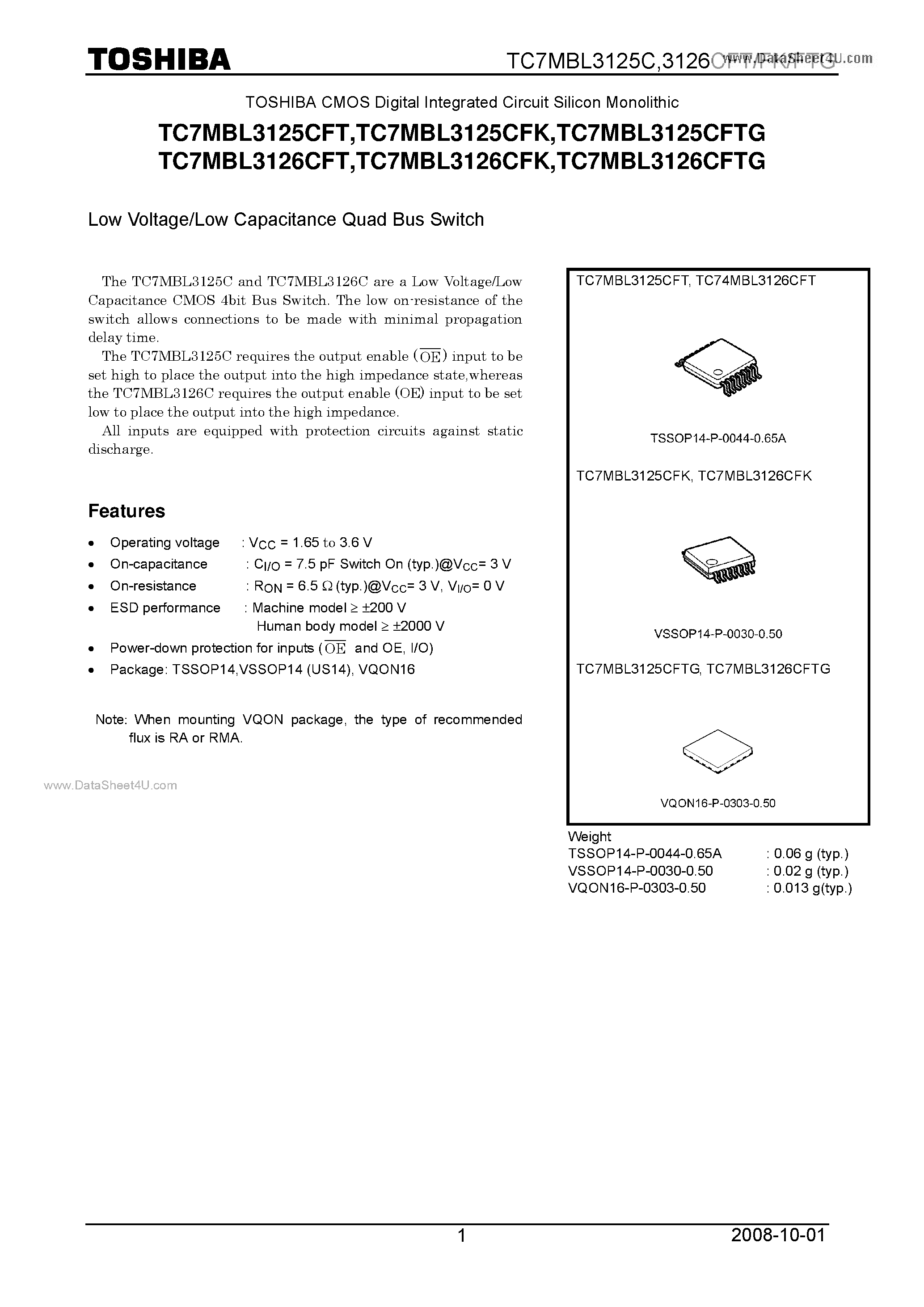 Datasheet TC7MBL3125CFK page 1 Datasheet TC7MBL3125CFK - Low Voltage/Low Capacitance Quad Bus Switch page 1