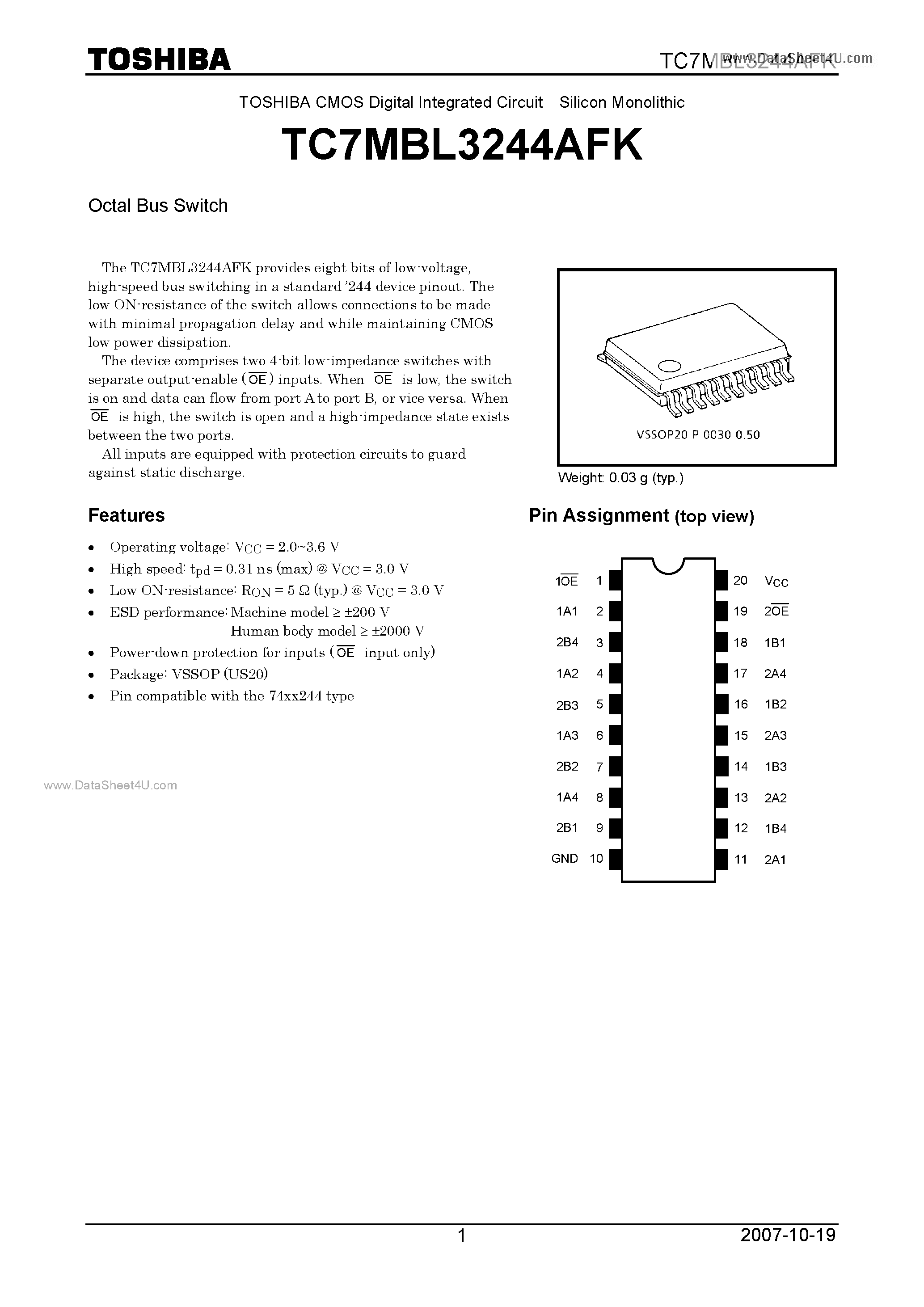 Datasheet TC7MBL3244AFK page 1 Datasheet TC7MBL3244AFK - Octal Bus Switch page 1