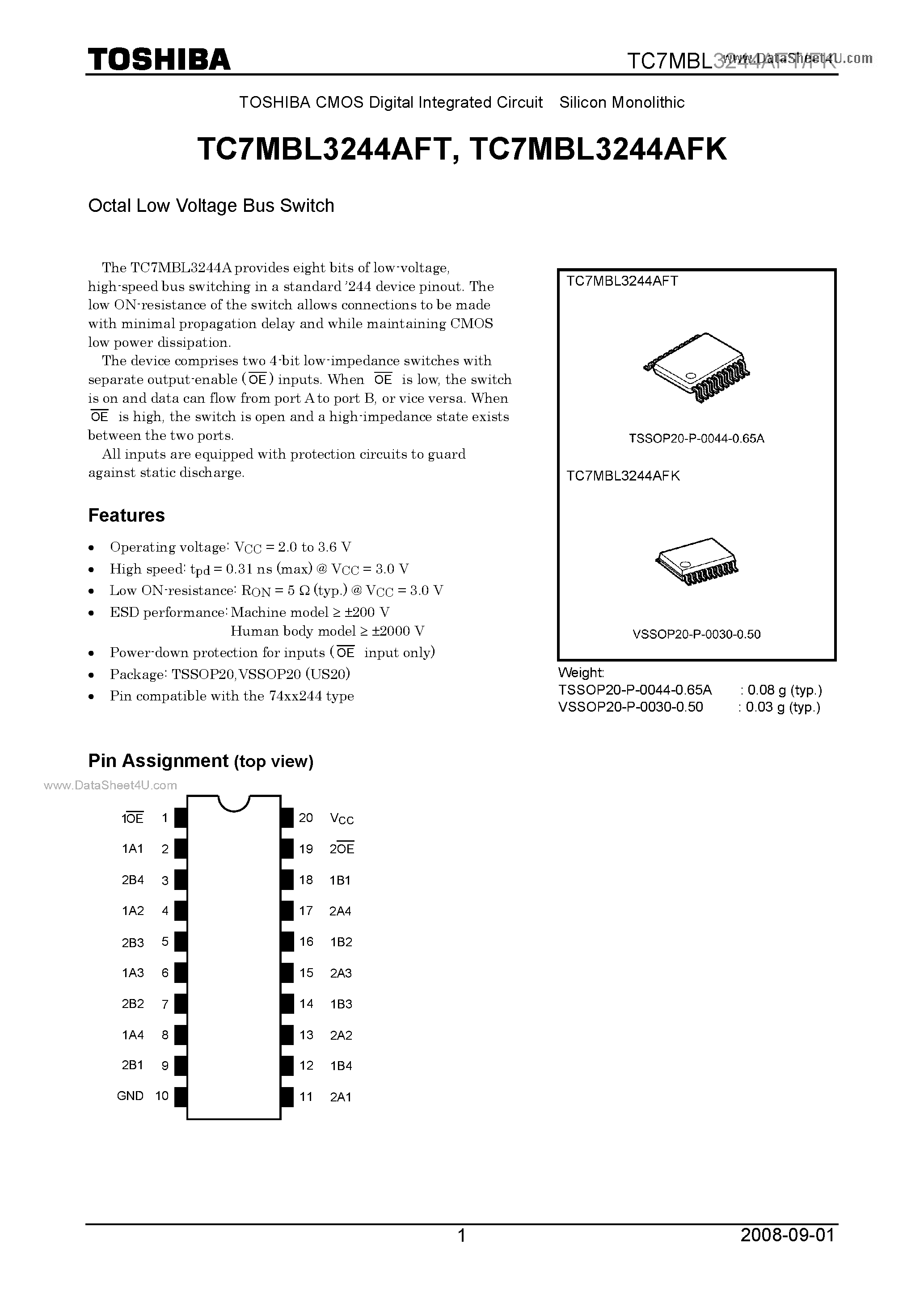 Datasheet TC7MBL3244AFT page 1 Datasheet TC7MBL3244AFT - Octal Low Voltage Bus Switch page 1