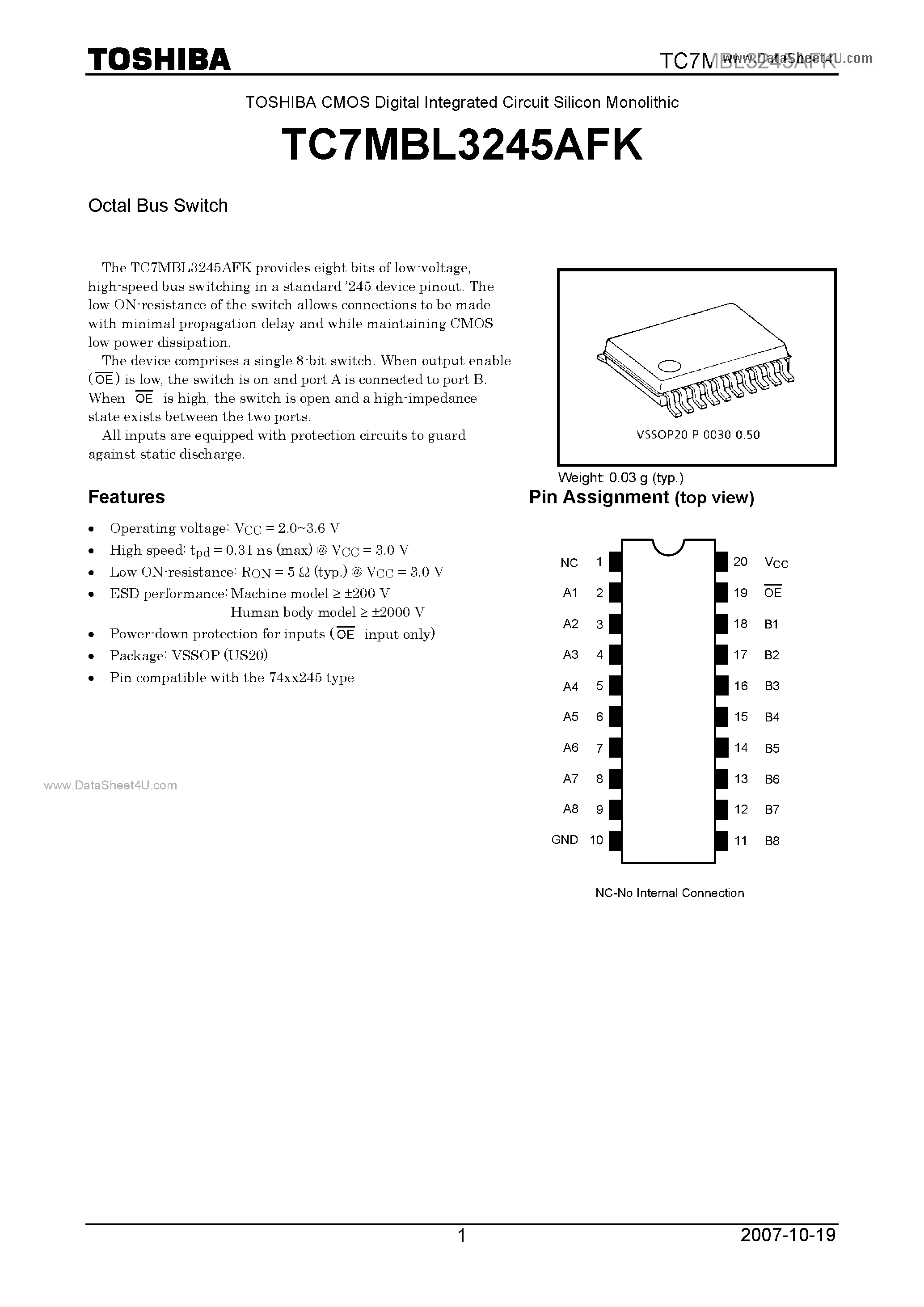 Datasheet TC7MBL3245AFK page 1 Datasheet TC7MBL3245AFK - Octal Bus Switch page 1