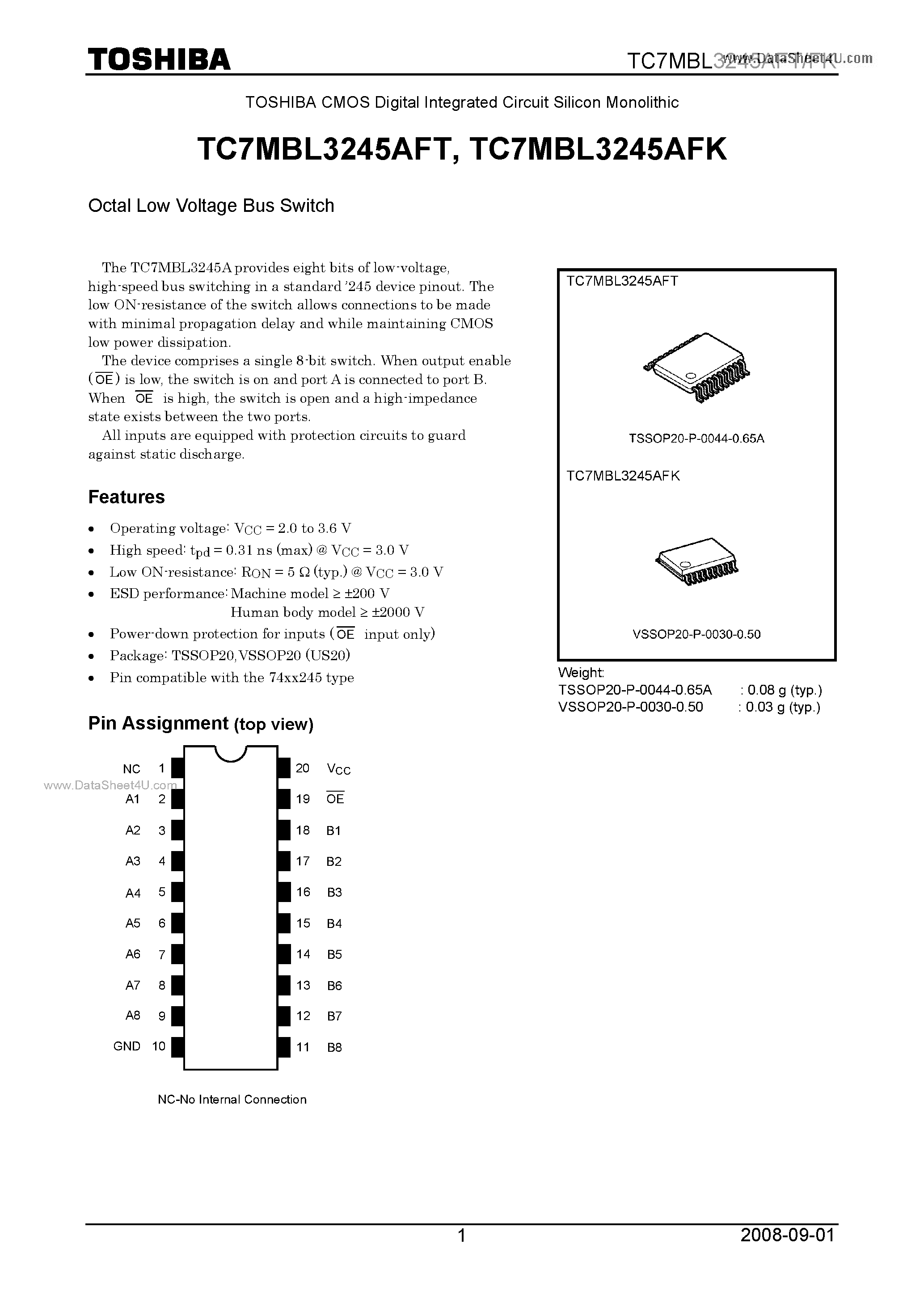 Datasheet TC7MBL3245AFT page 1 Datasheet TC7MBL3245AFT - Octal Low Voltage Bus Switch page 1