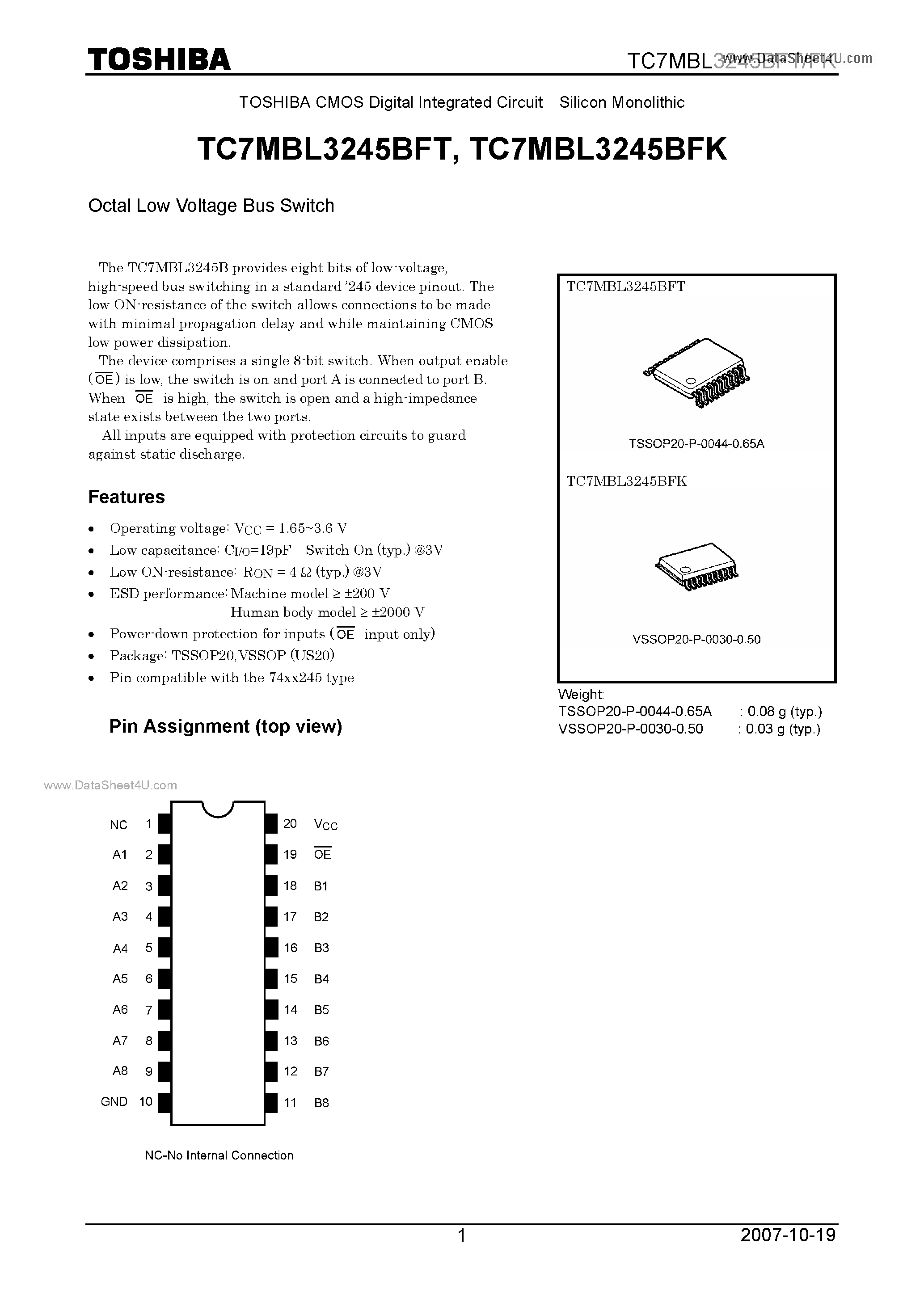 Datasheet TC7MBL3245BFK page 1 Datasheet TC7MBL3245BFK - Octal Low Voltage Bus Switch page 1