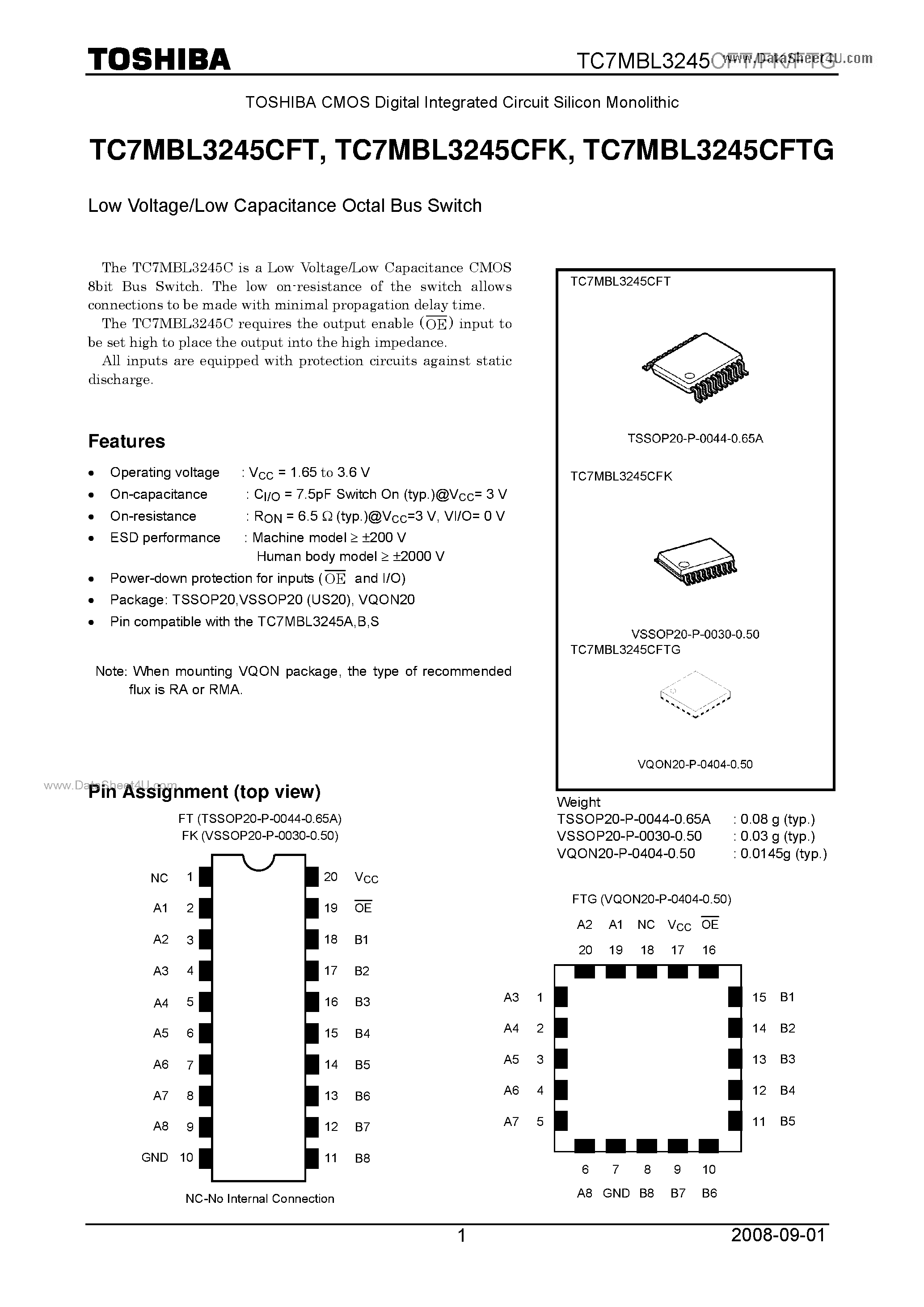 Datasheet TC7MBL3245CFK page 1 Datasheet TC7MBL3245CFK - Low Voltage/Low Capacitance Octal Bus Switch page 1