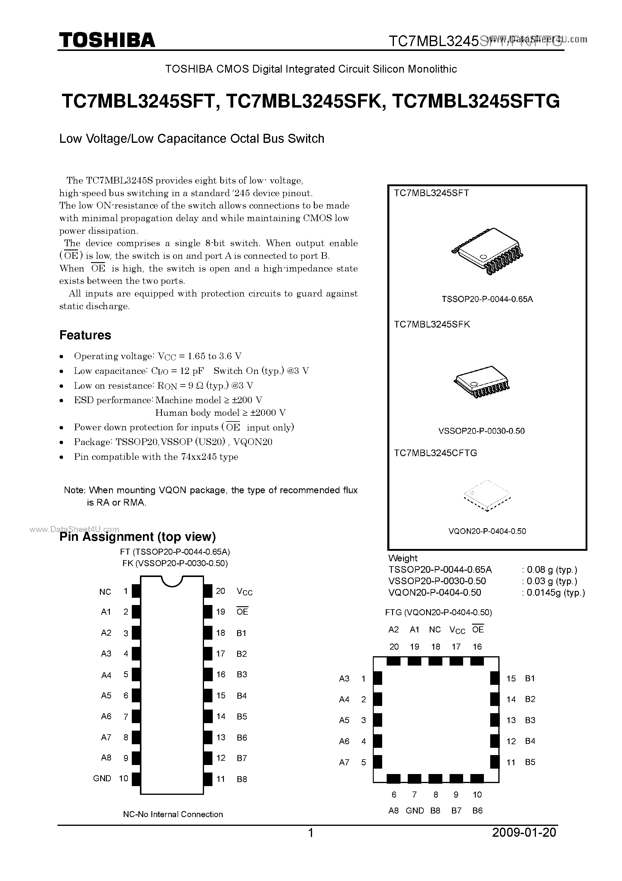 Datasheet TC7MBL3245SFK page 1 Datasheet TC7MBL3245SFK - Low Voltage/Low Capacitance Octal Bus Switch page 1