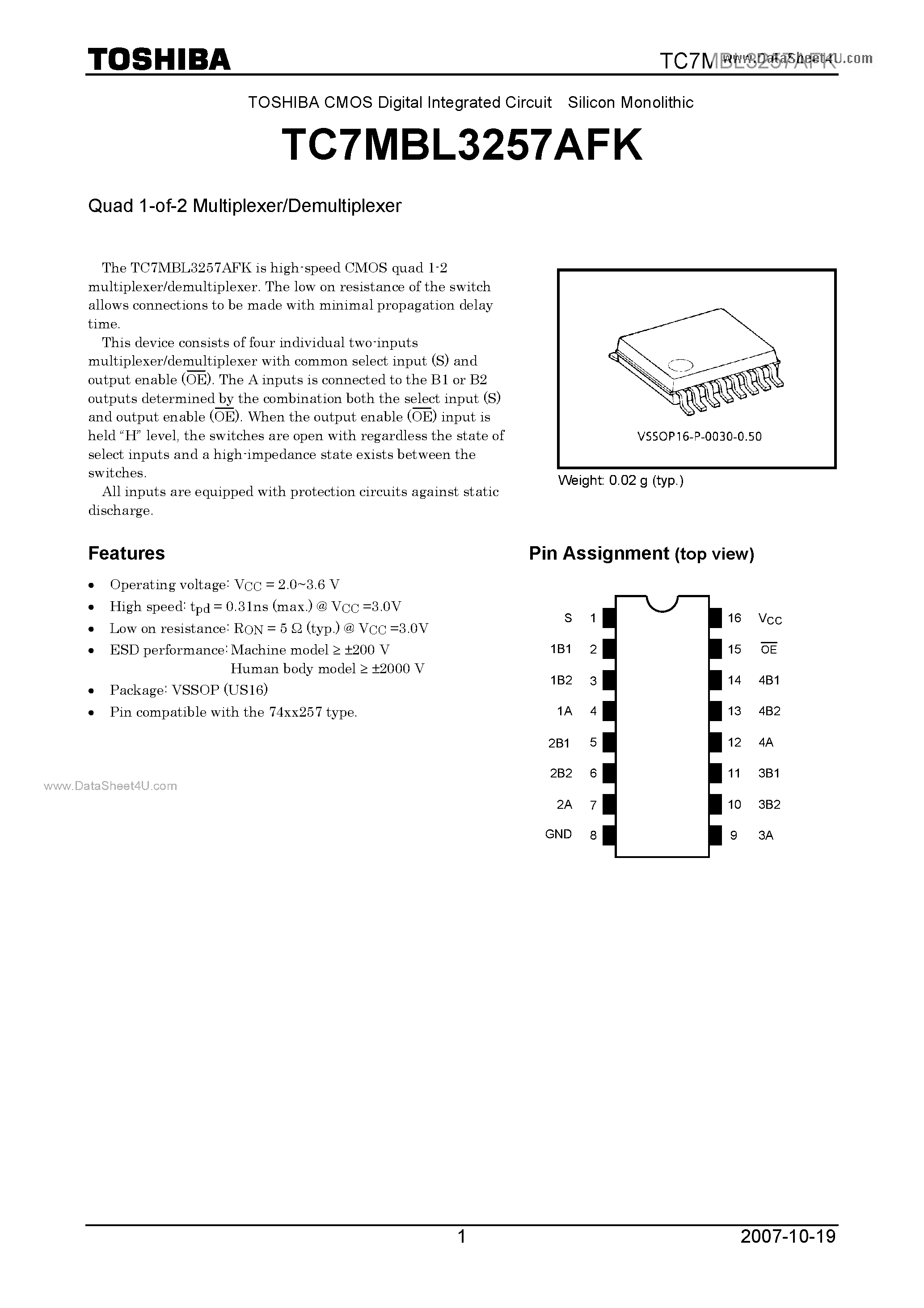 Datasheet TC7MBL3257AFK - Quad 1-of-2 Multiplexer/Demultiplexer page 1